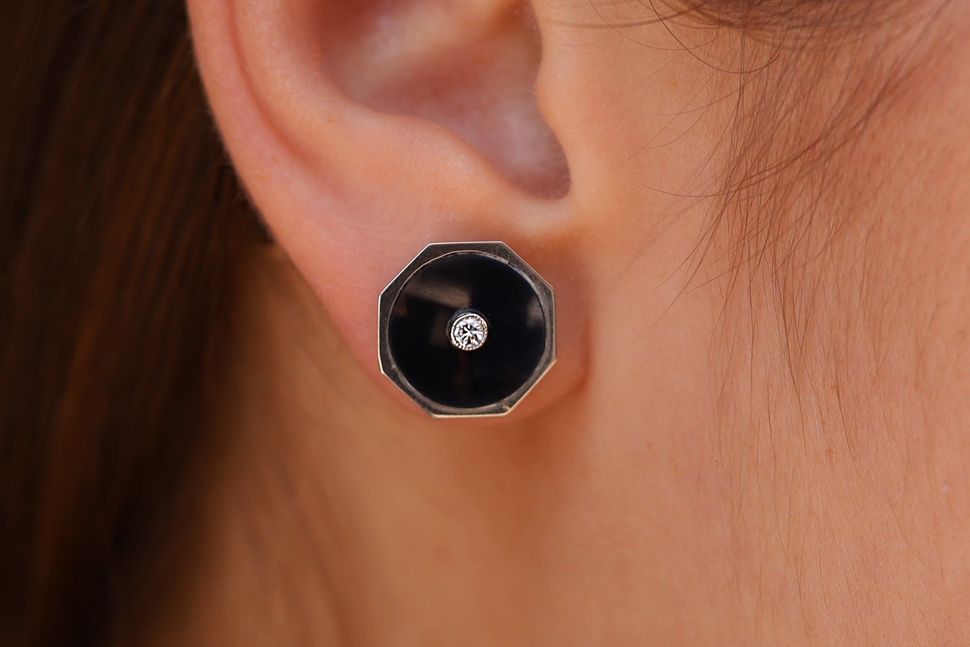 Vintage Art Deco 18k White Gold, Black Onyx and Diamond Octagon Earrings