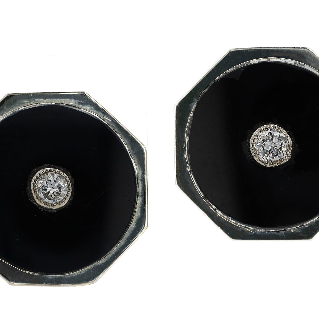 Vintage Art Deco 18k White Gold, Black Onyx and Diamond Octagon Earrings