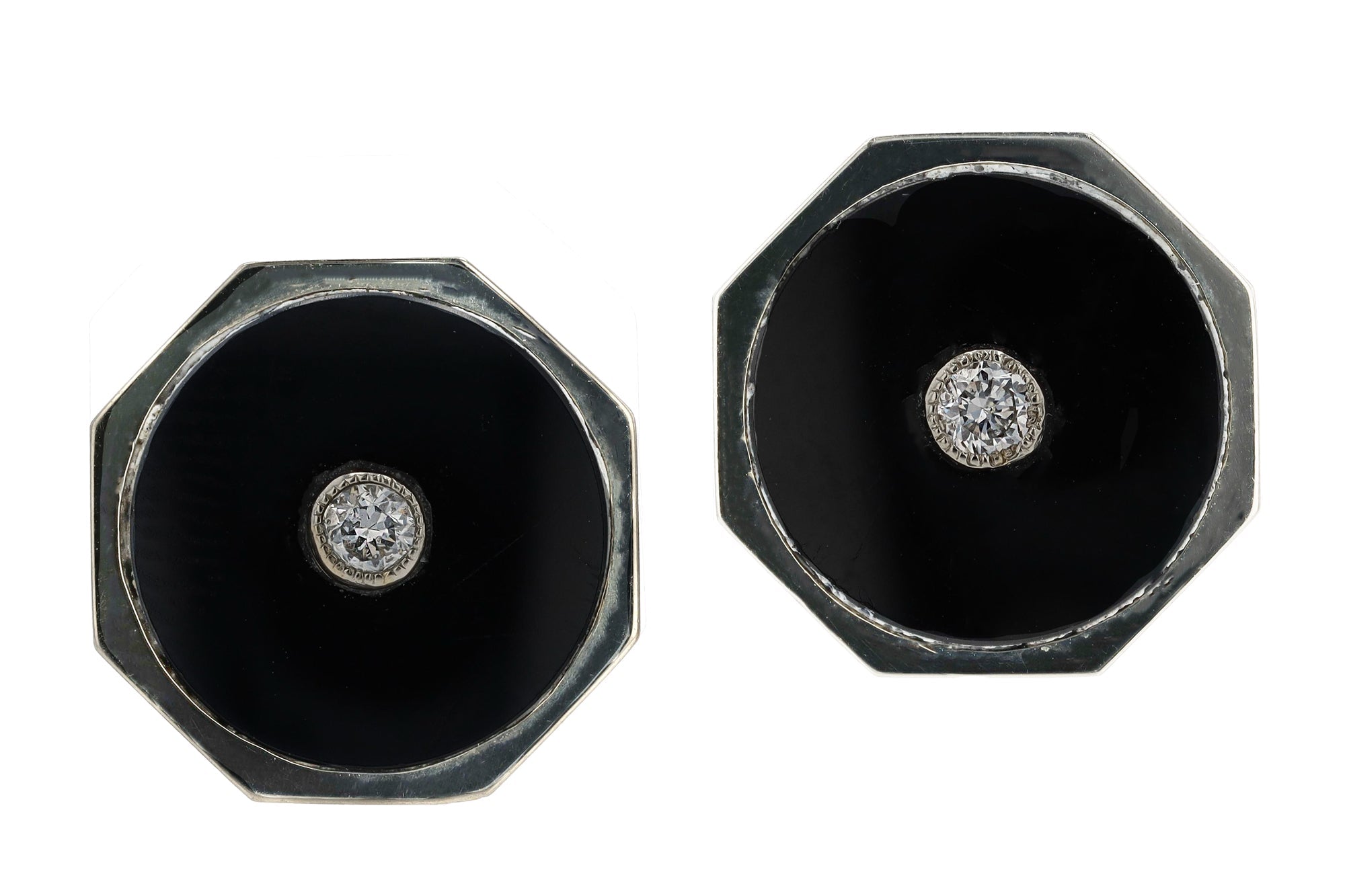 Vintage Art Deco 18k White Gold, Black Onyx and Diamond Octagon Earrings