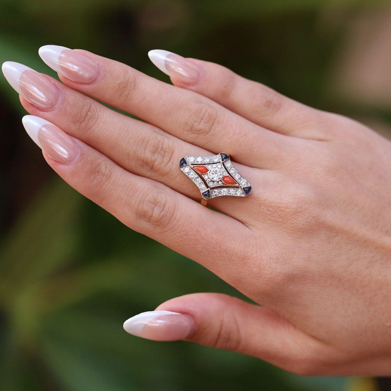 Vintage Art Deco Diamond Sapphire and Coral Cocktail Ring