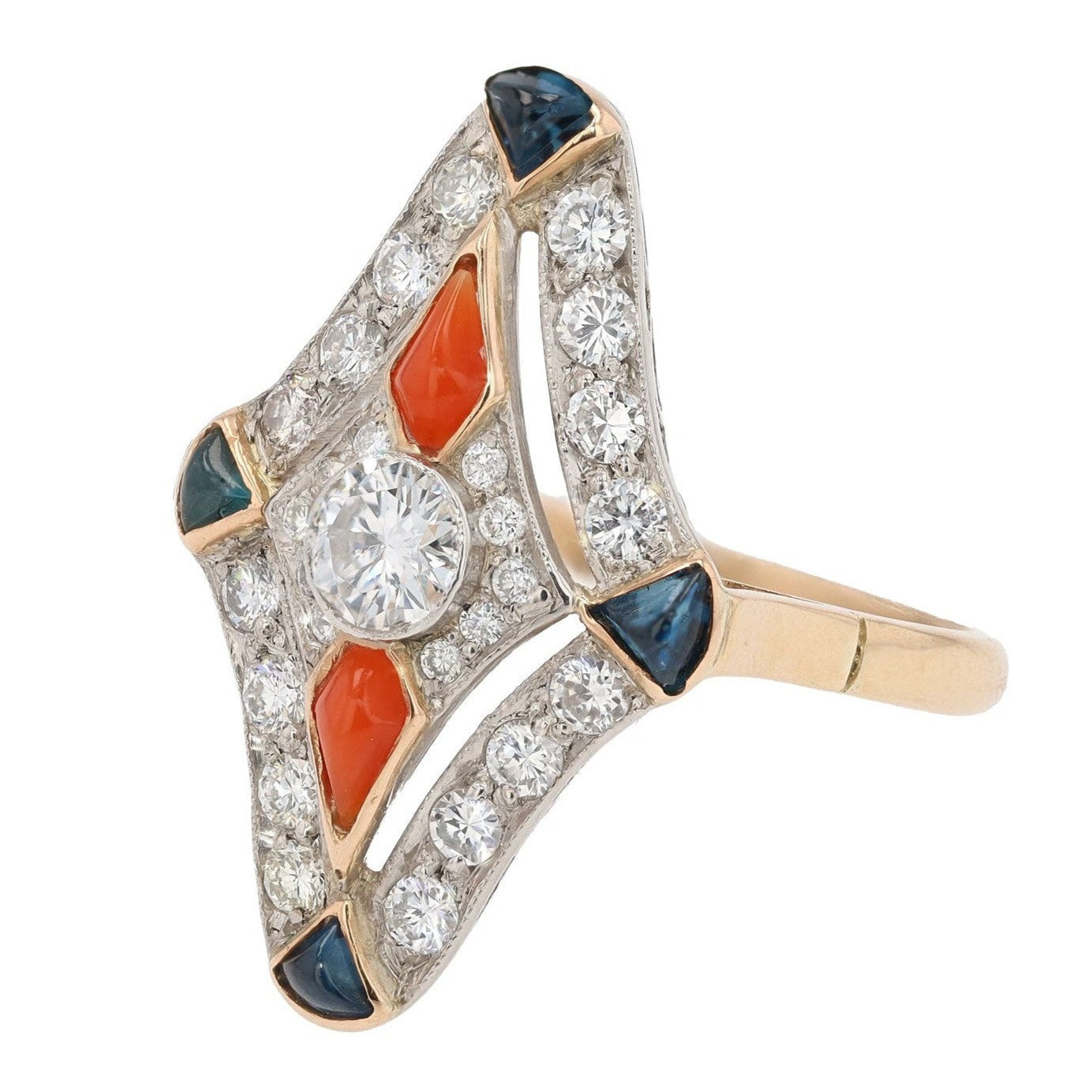 Vintage Art Deco Diamond Sapphire and Coral Cocktail Ring