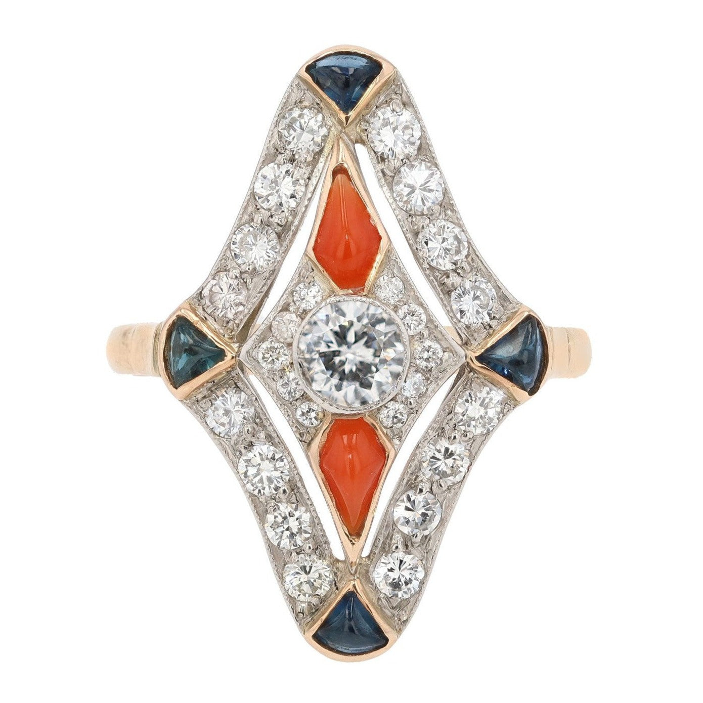 Vintage Art Deco Diamond Sapphire and Coral Cocktail Ring