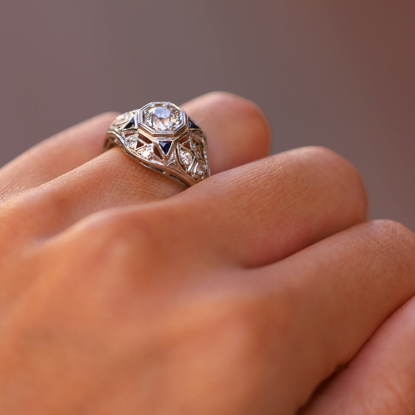 Vintage Art Deco Filigree European Cut Diamond Dome Engagement Ring