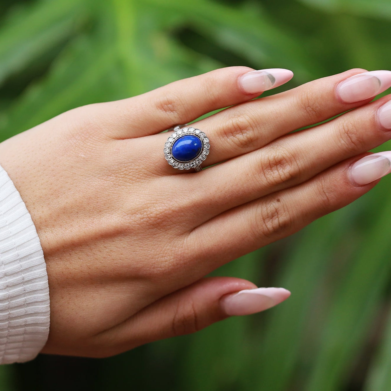 Vintage Art Deco Style Lapis Lazuli Diamond Platinum Gemstone Engagement Ring
