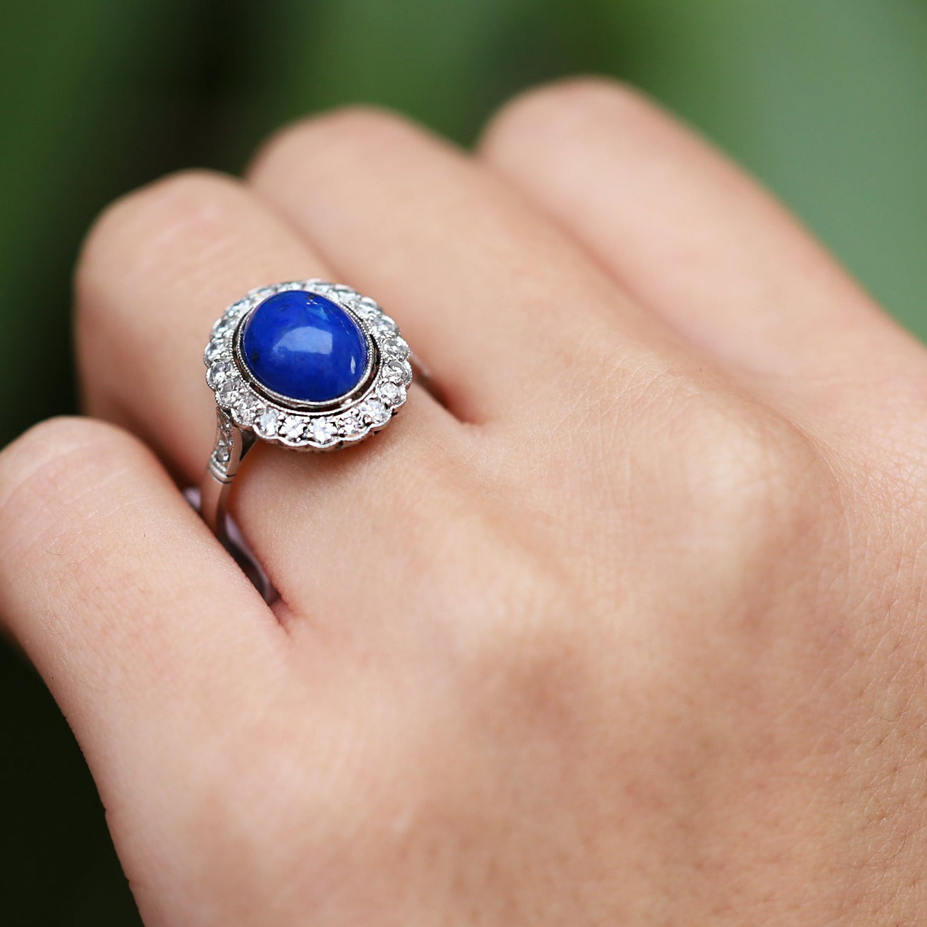 Vintage Art Deco Style Lapis Lazuli Diamond Platinum Gemstone Engagement Ring