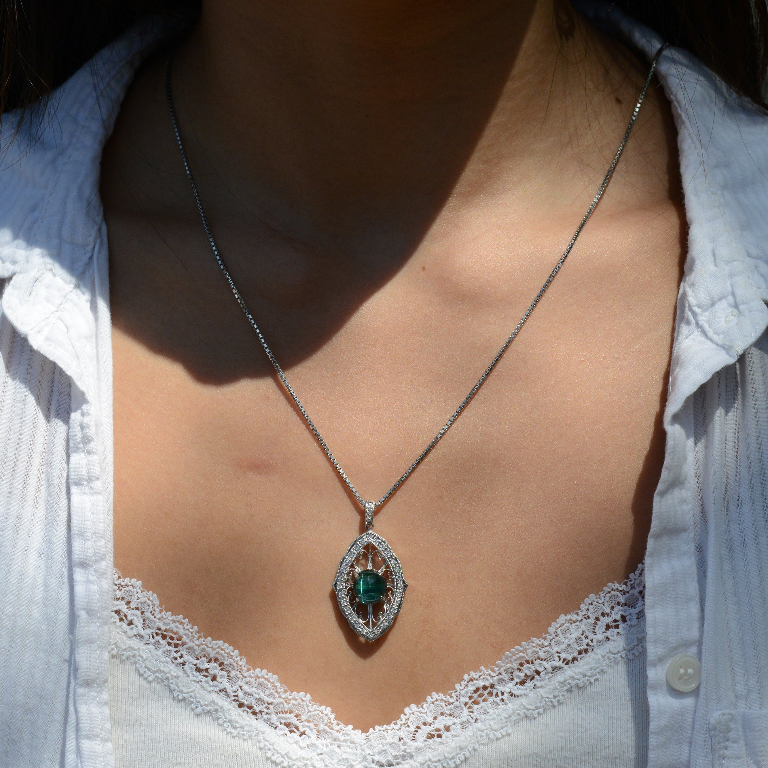 Vintage Art Nouveau Inspired Cats Eye Tourmaline Pendant Necklace