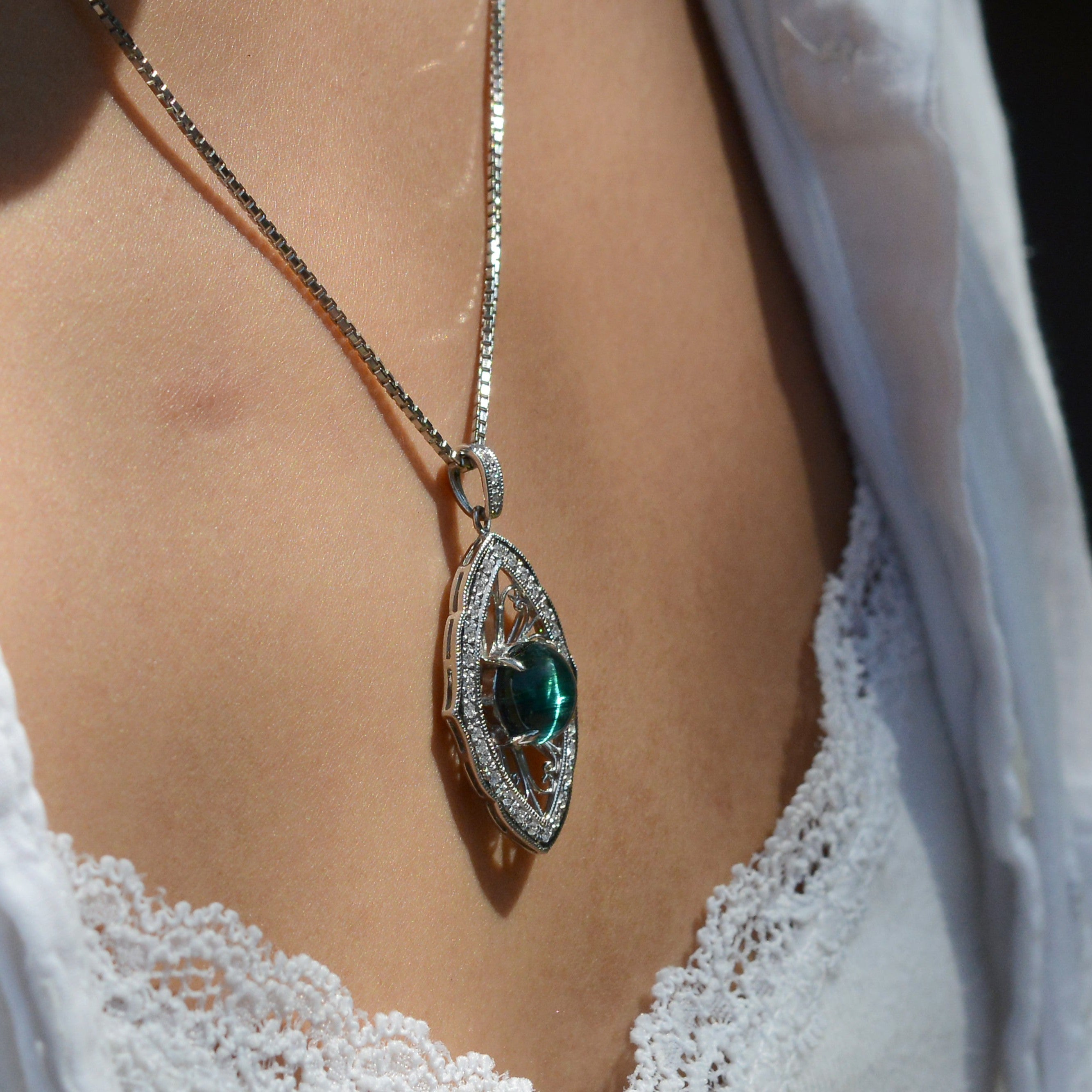 Vintage Art Nouveau Inspired Cats Eye Tourmaline Pendant Necklace