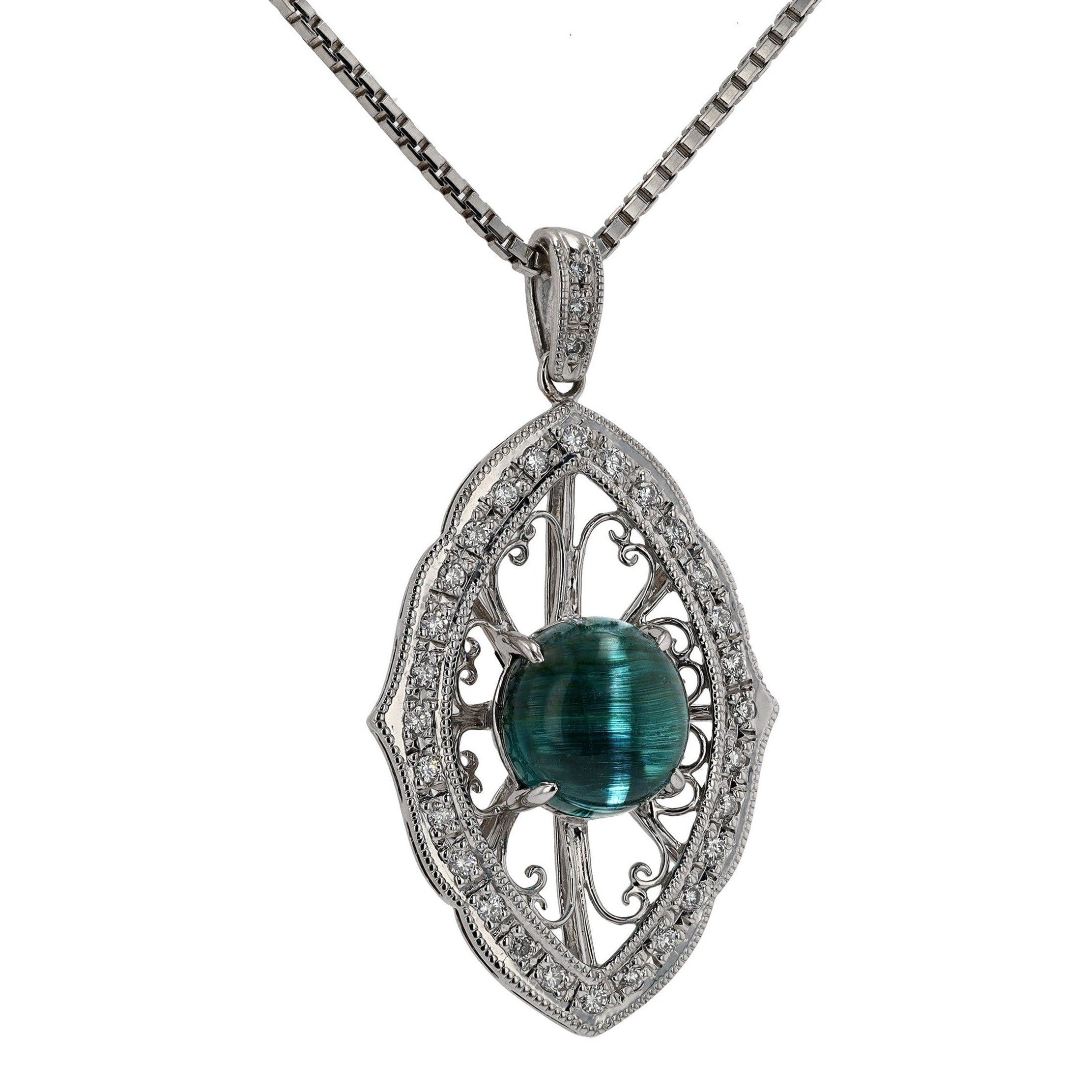 Vintage Art Nouveau Inspired Cats Eye Tourmaline Pendant Necklace