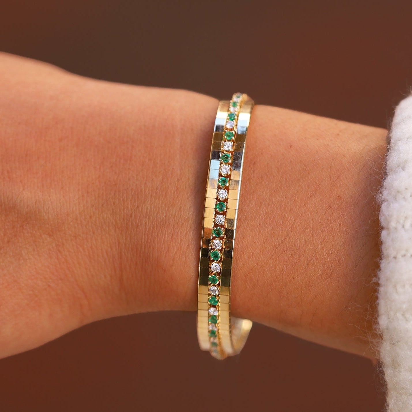 Vintage Diamond and Emerald 14K Yellow Gold Tennis Bracelet