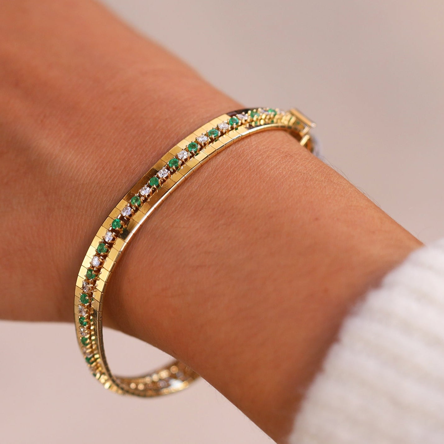 Vintage Diamond and Emerald 14K Yellow Gold Tennis Bracelet