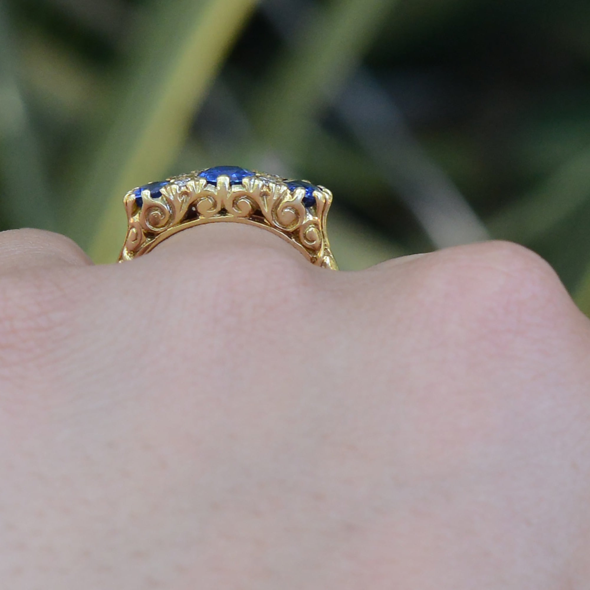 Vintage English 3-Stone Sapphire Diamond Trilogy Ring