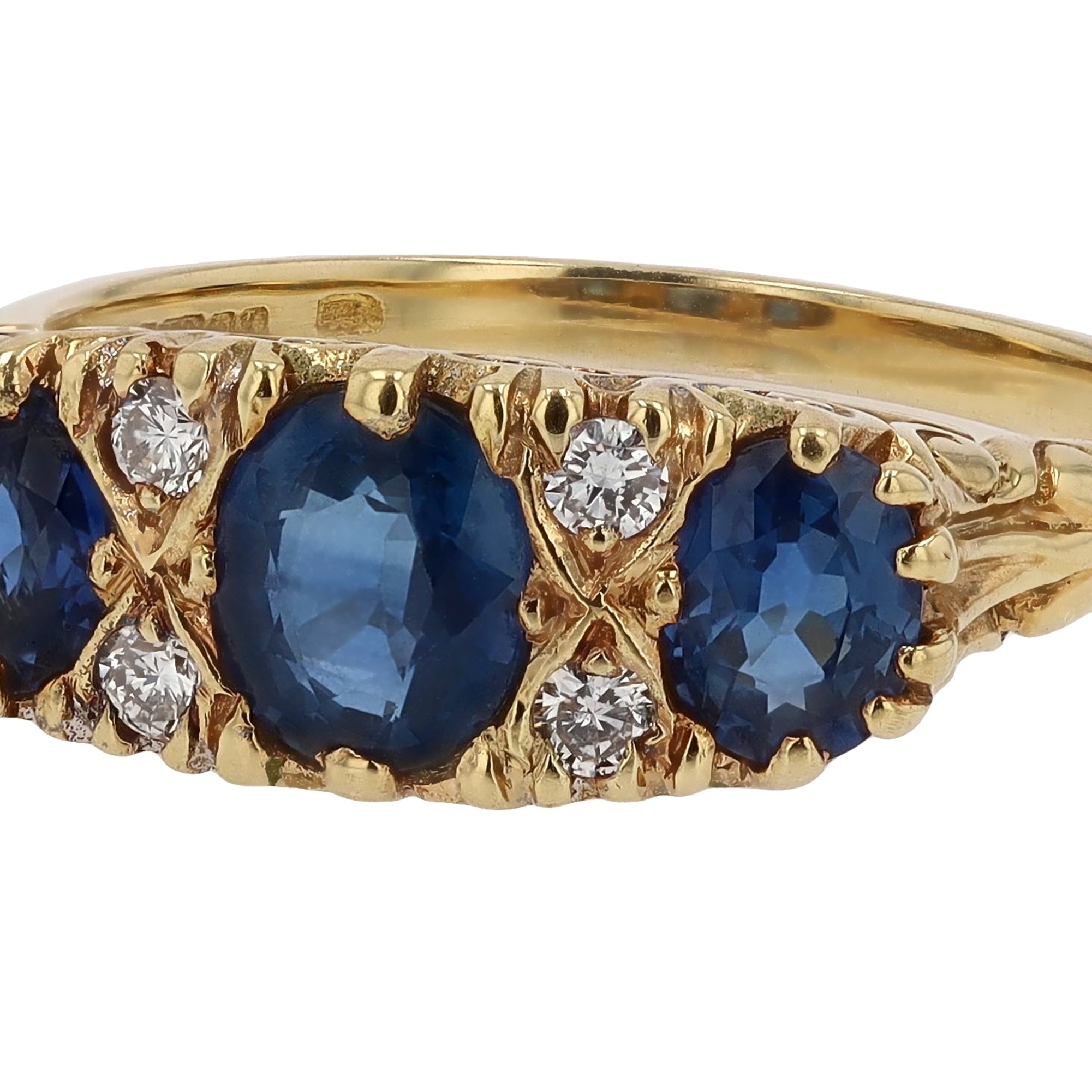 Vintage English 3-Stone Sapphire Diamond Trilogy Ring