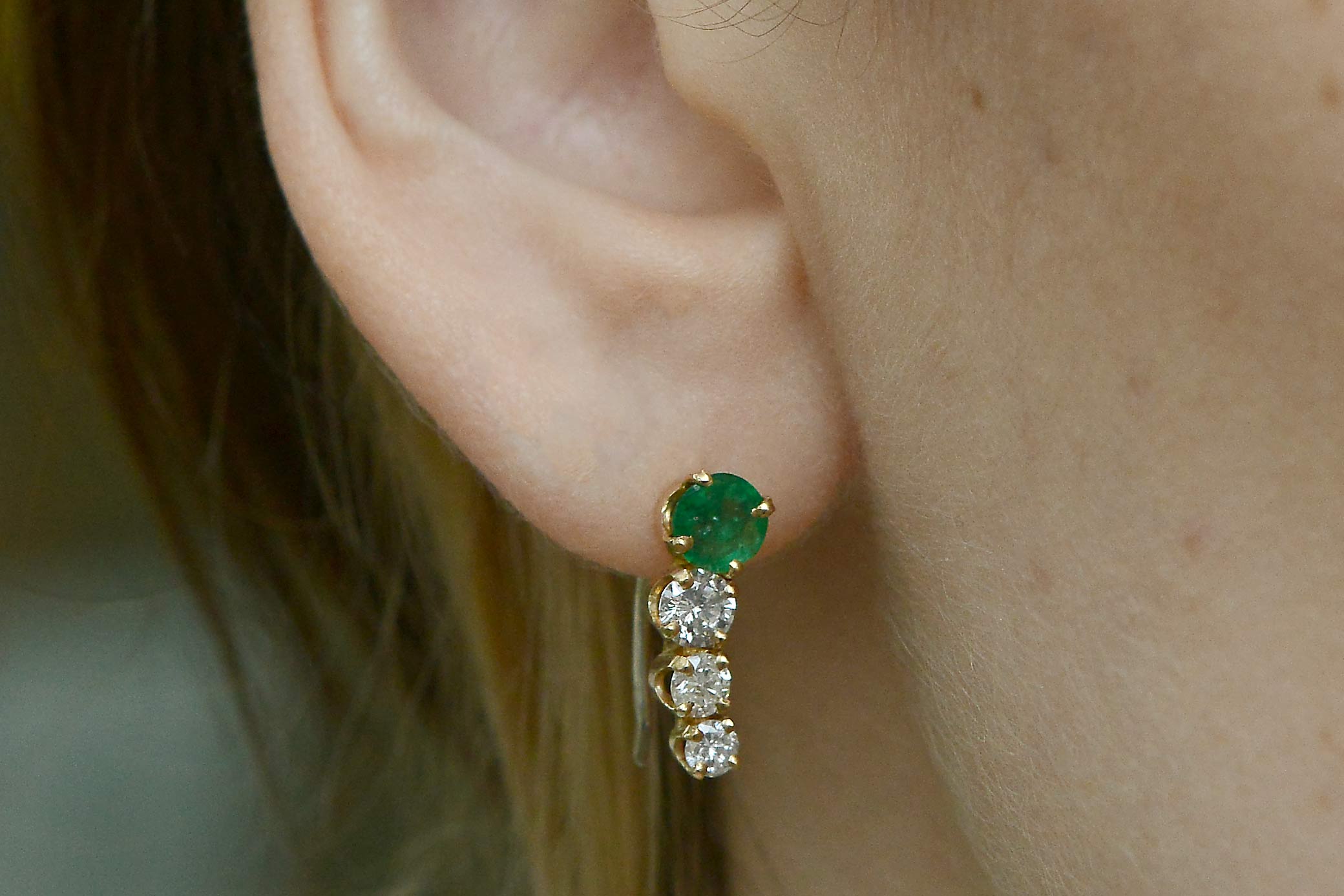Vintage Estate Emerald & Diamond Contoured Drop Earrings
