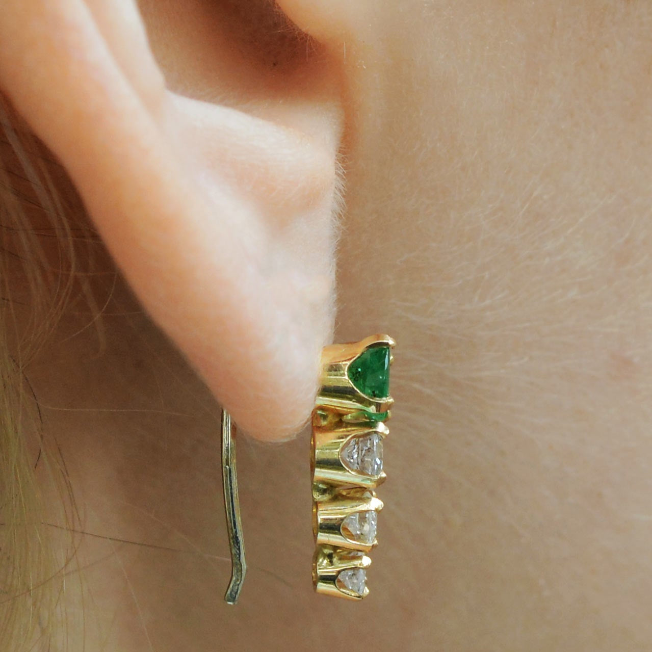 Vintage Estate Emerald & Diamond Contoured Drop Earrings