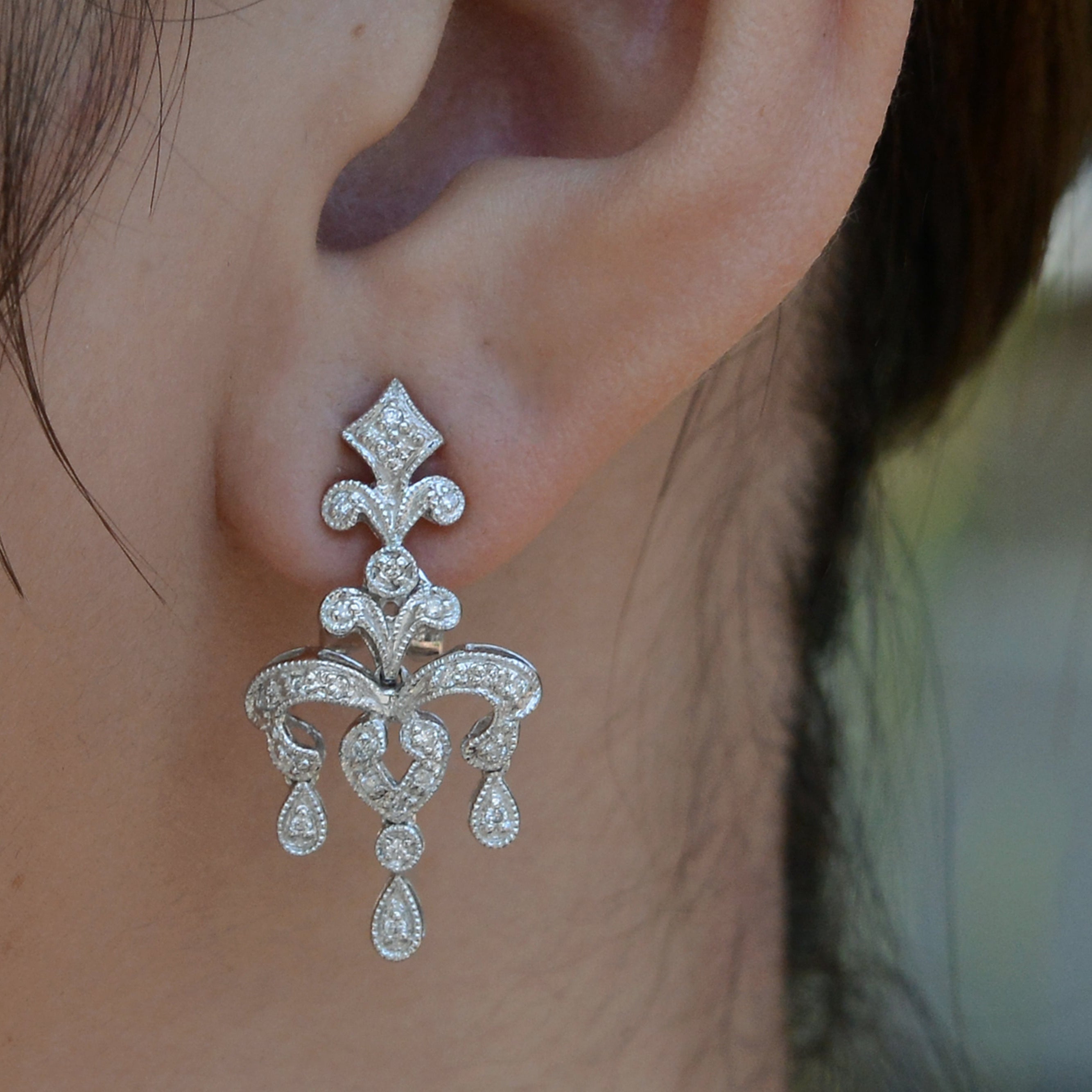 Vintage Estate Fleur des Lis Diamond Dangle Chandelier Earrings