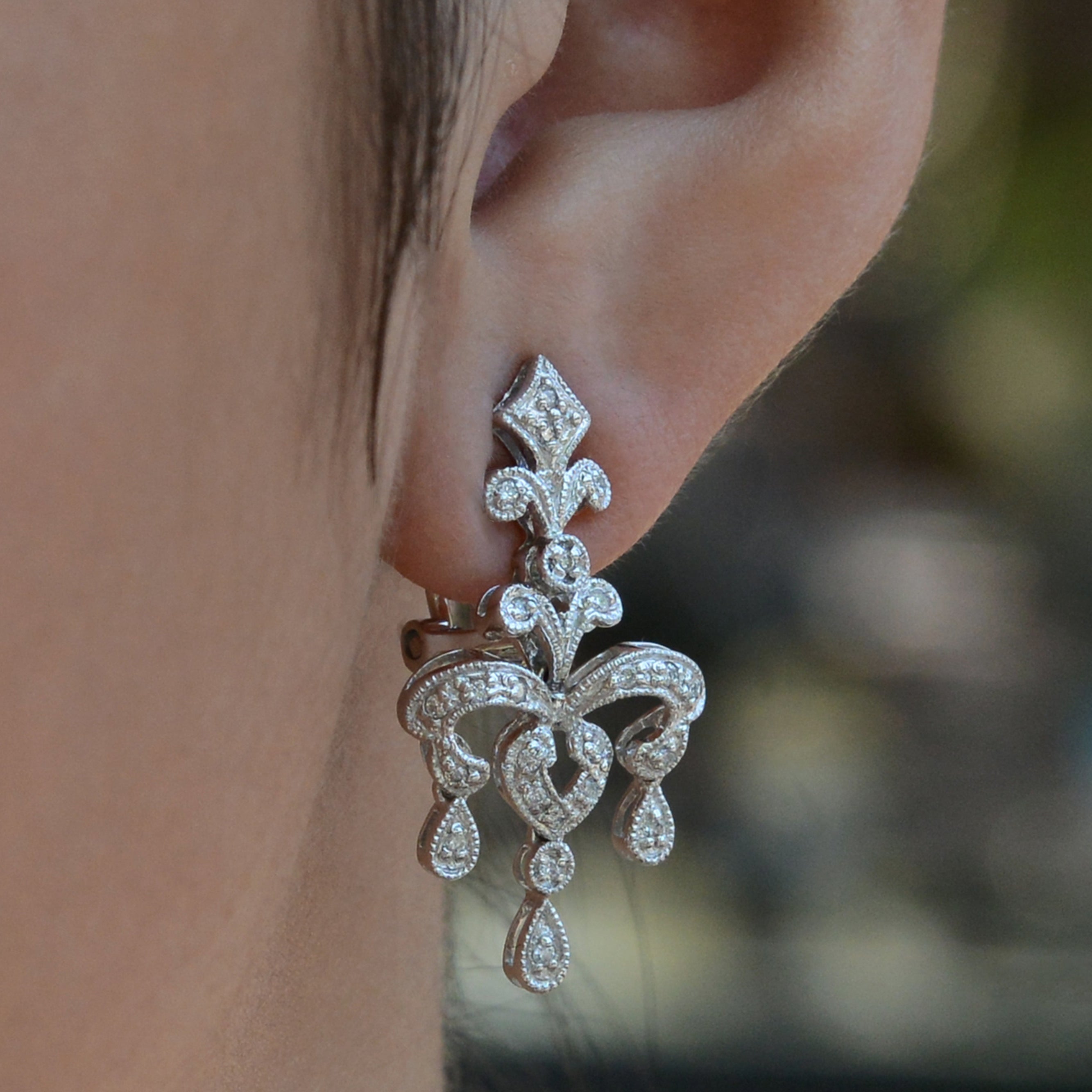 Vintage Estate Fleur des Lis Diamond Dangle Chandelier Earrings