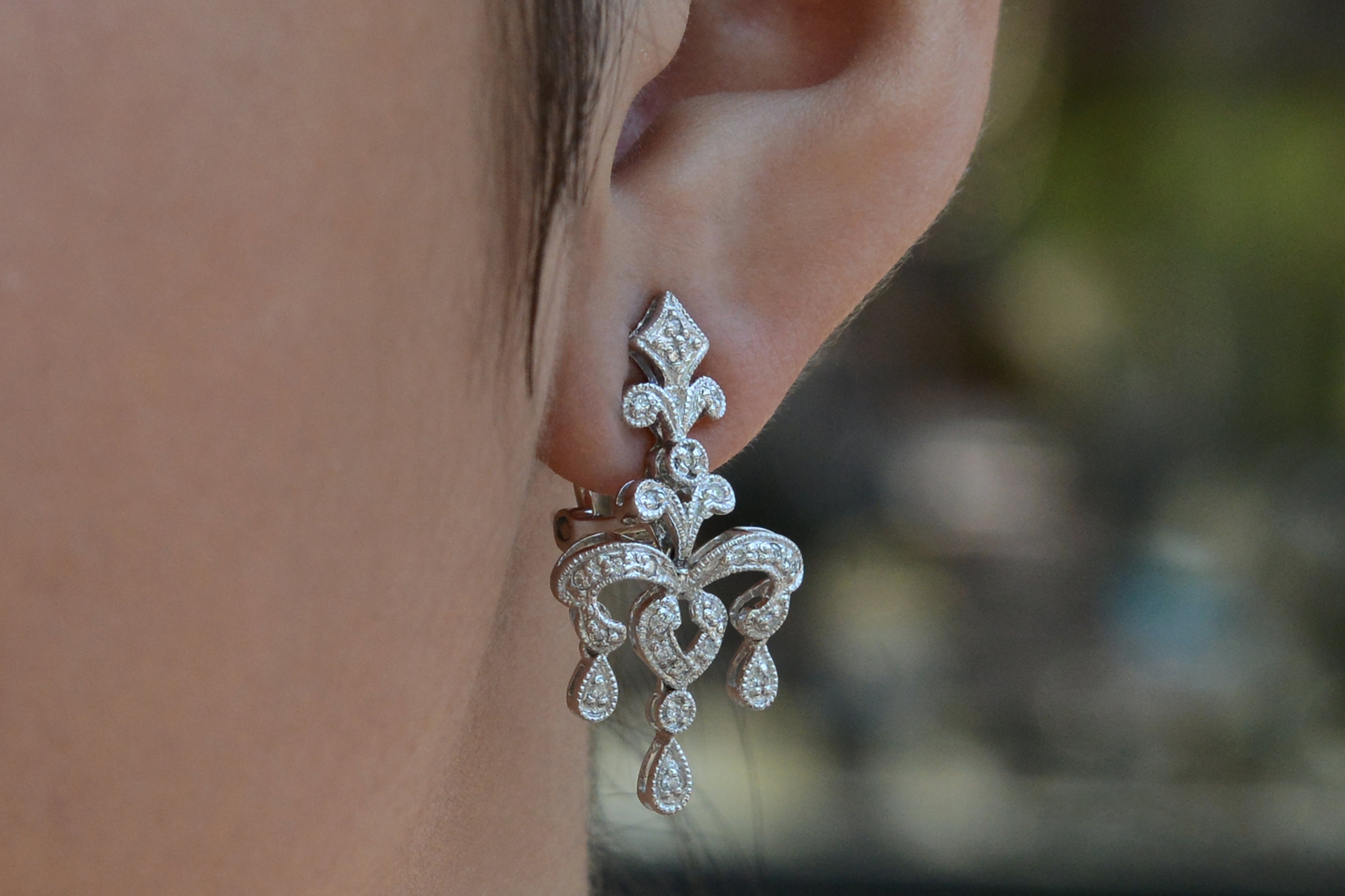 Vintage Estate Fleur des Lis Diamond Dangle Chandelier Earrings