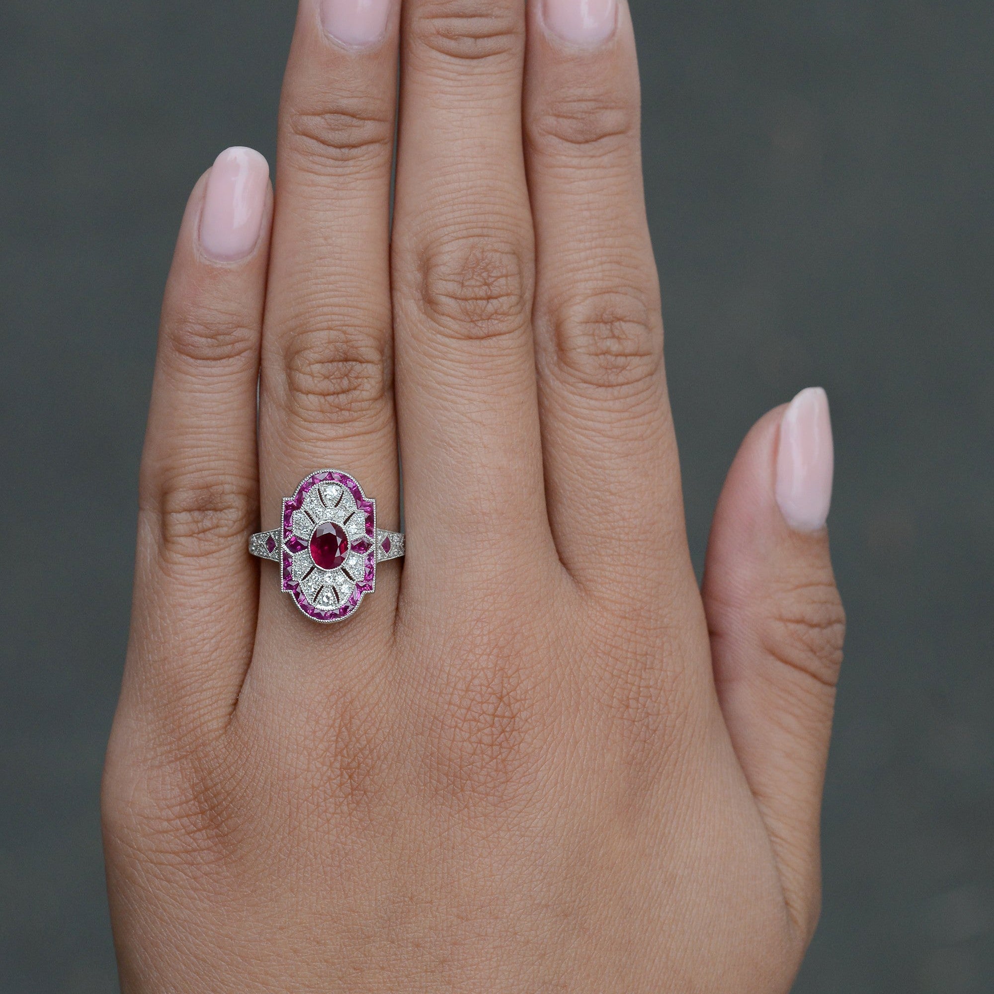 Vintage Filigree Ruby Diamond Shield Engagement Ring