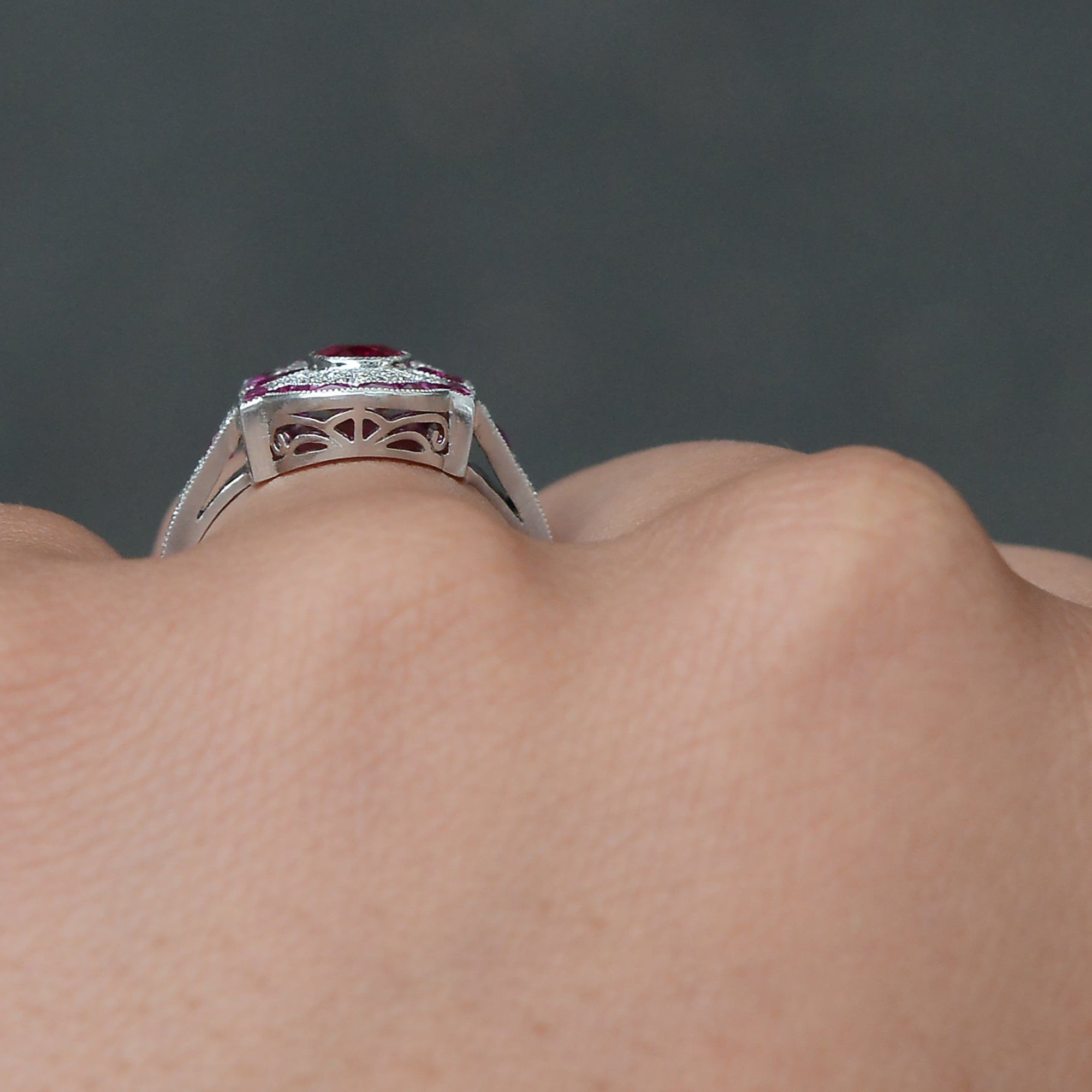 Vintage Filigree Ruby Diamond Shield Engagement Ring