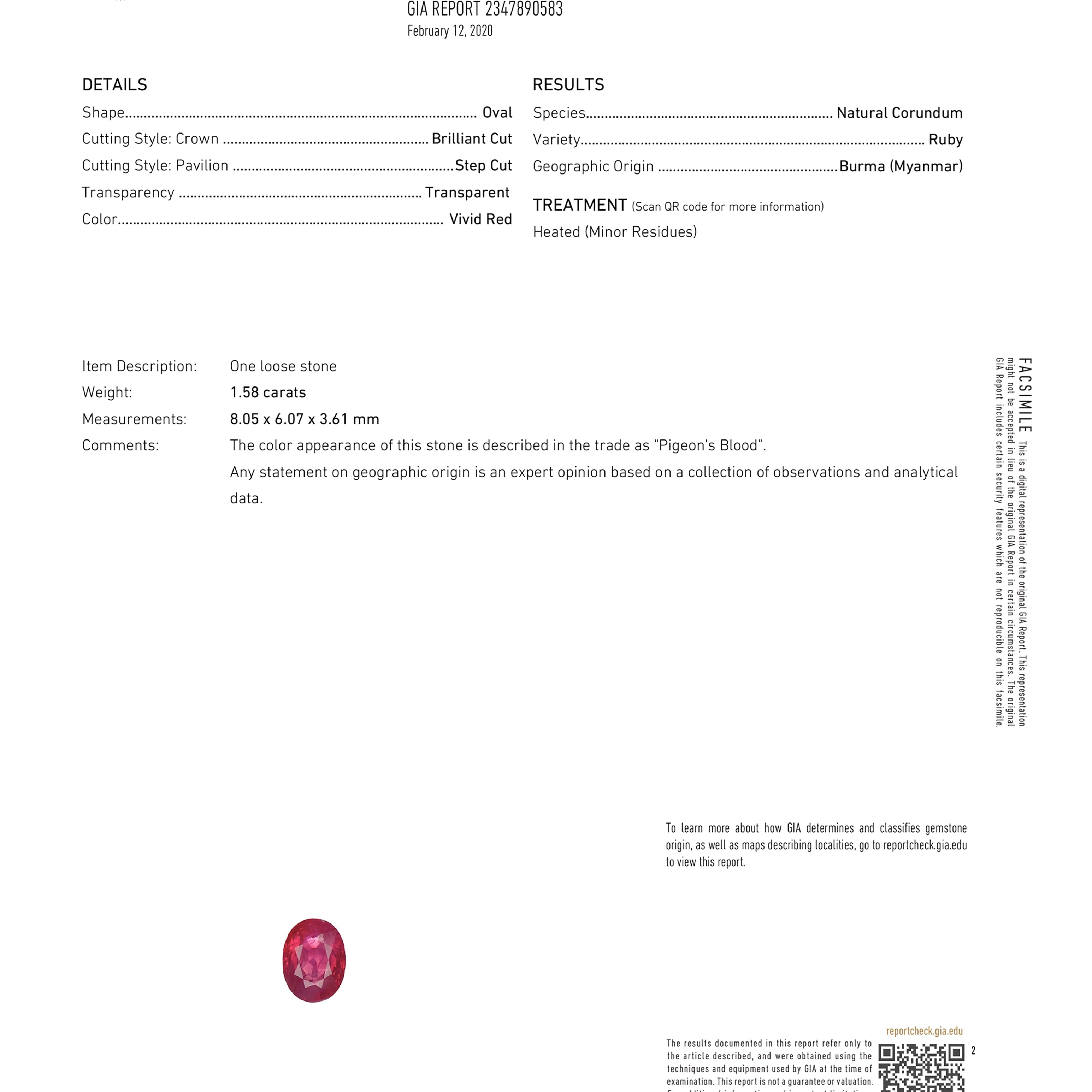 Vintage GIA Certified 1.58ct Burma Ruby Pendant Necklace