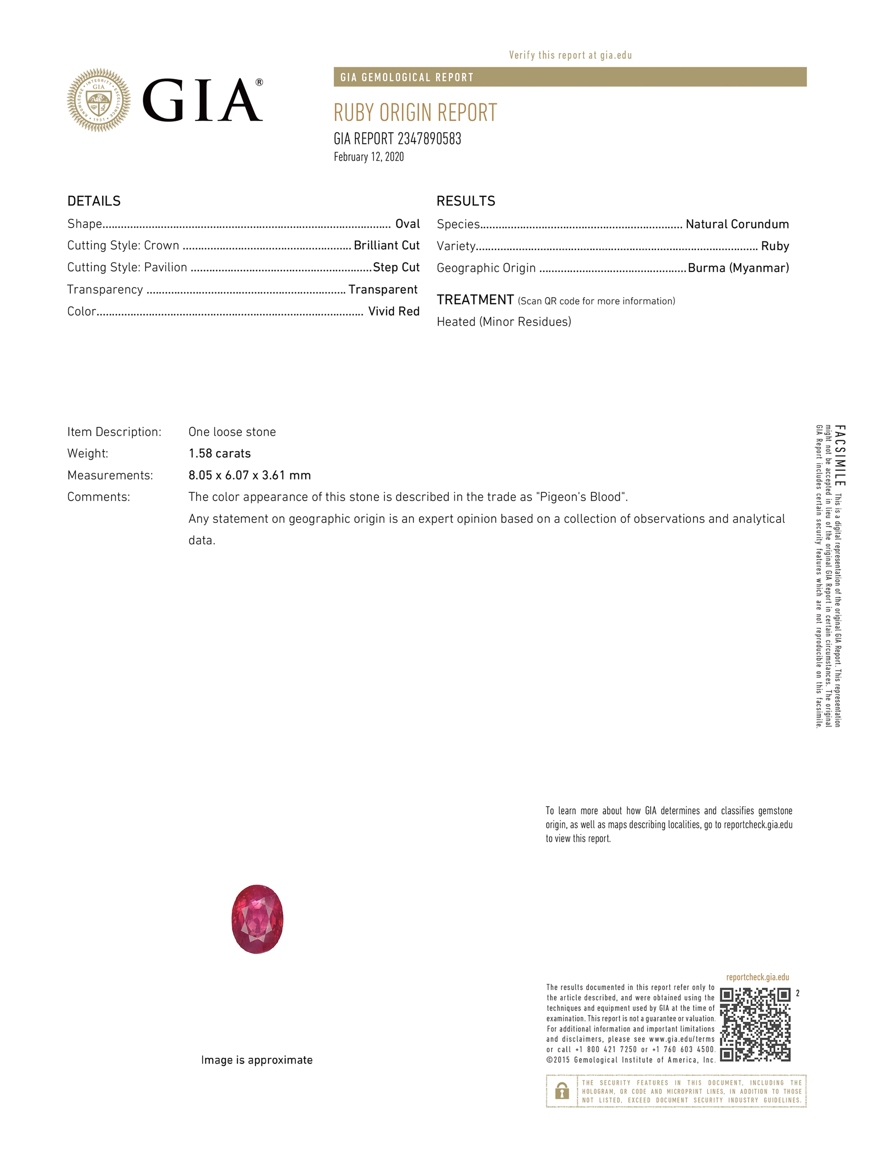 Vintage GIA Certified 1.58ct Burma Ruby Pendant Necklace