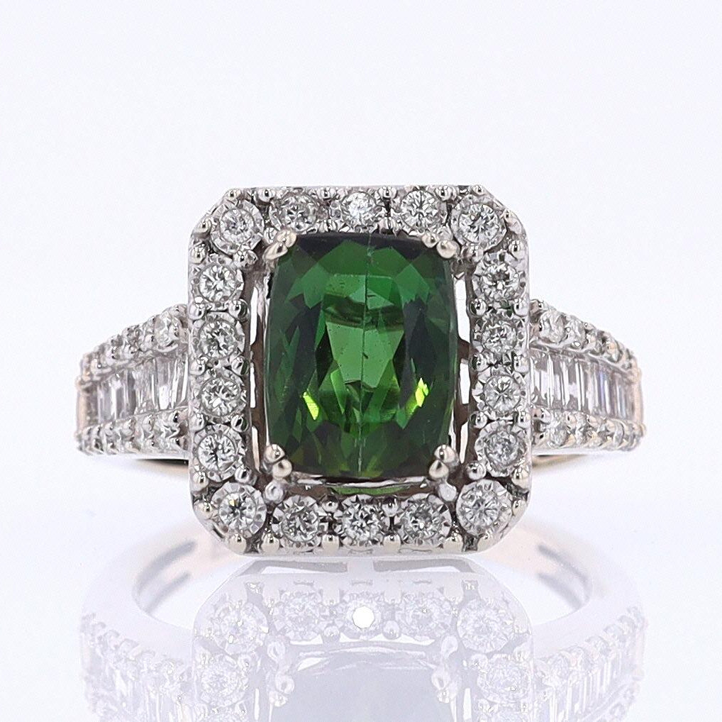 Vintage Green Tourmaline Diamond Halo Gemstone Engagement Ring