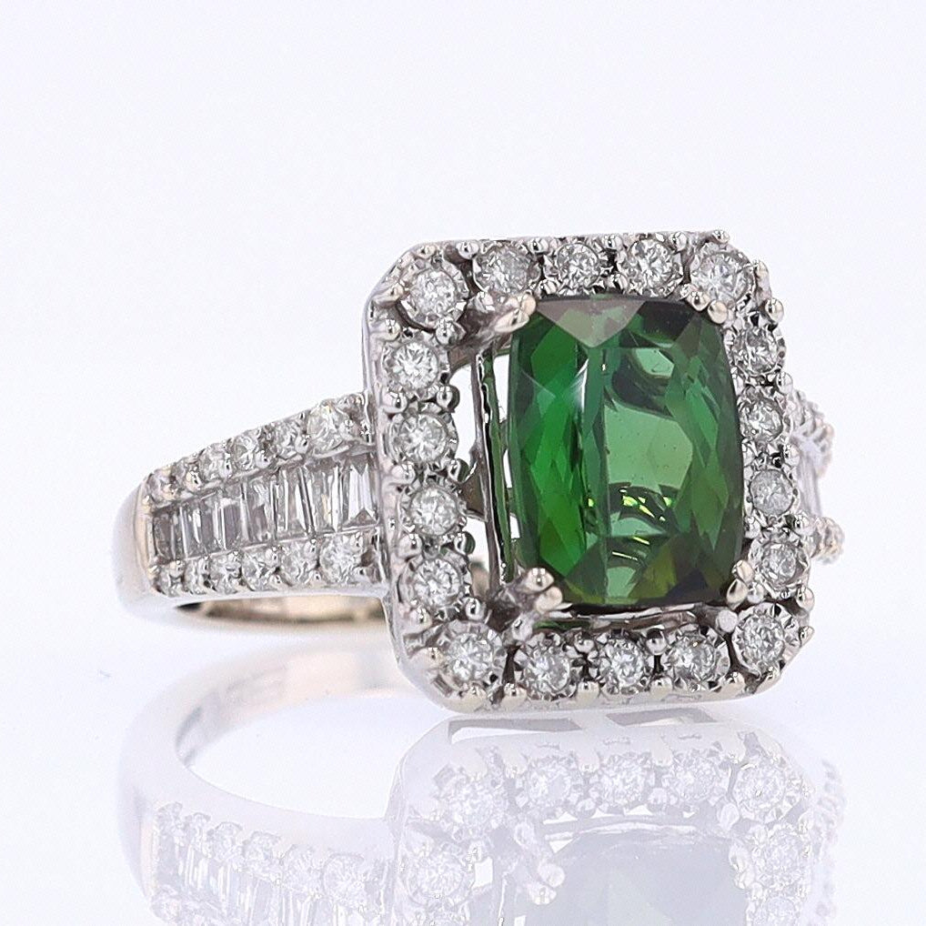 Vintage Green Tourmaline Diamond Halo Gemstone Engagement Ring