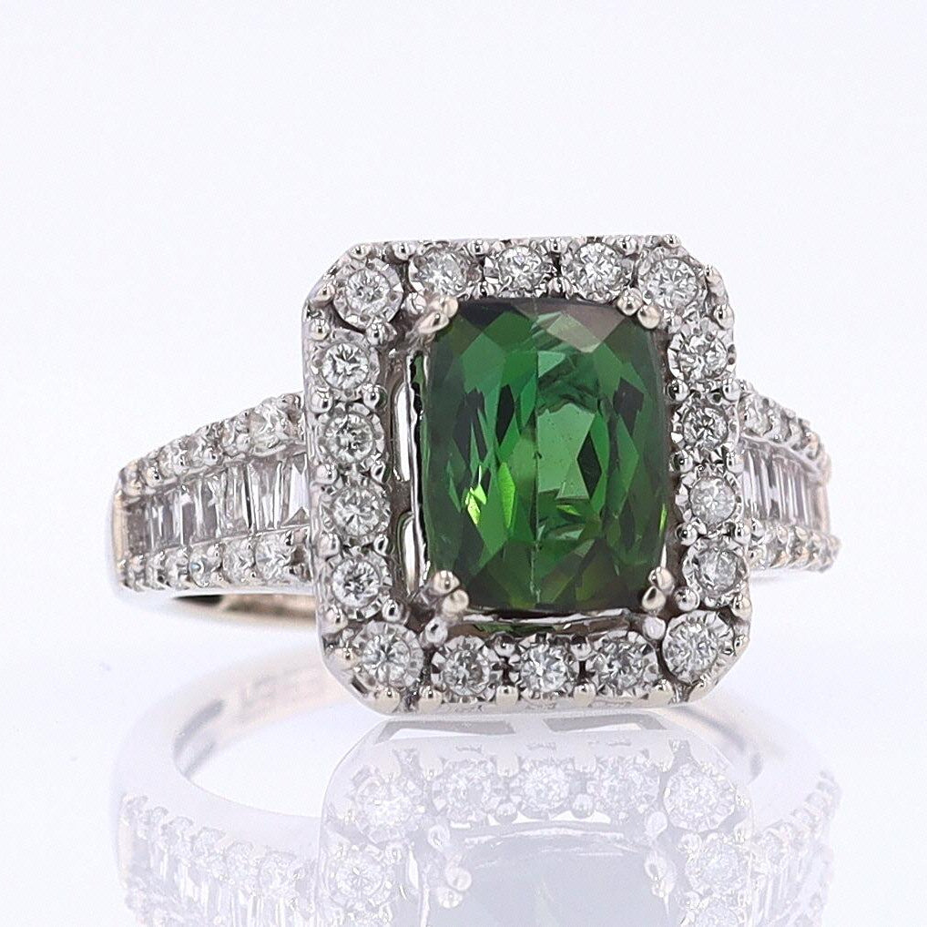 Vintage Green Tourmaline Diamond Halo Gemstone Engagement Ring