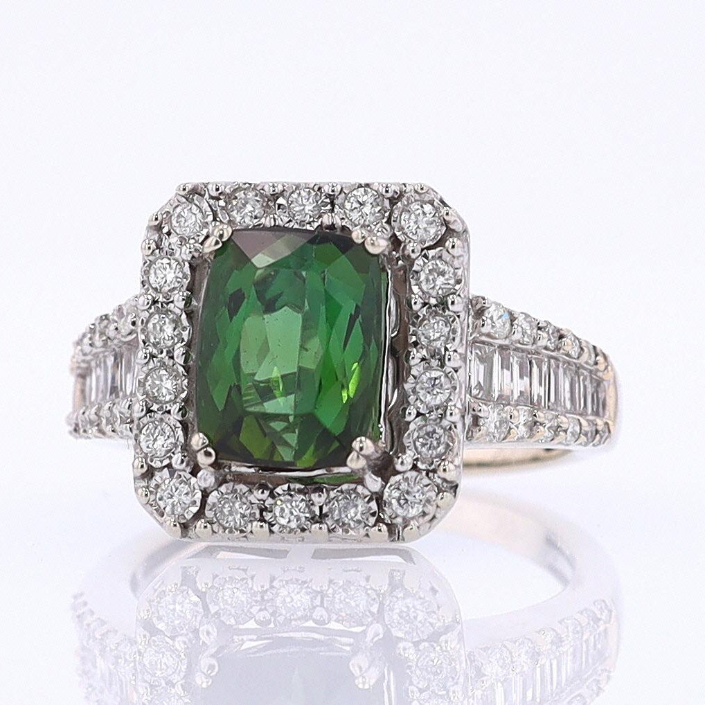 Vintage Green Tourmaline Diamond Halo Gemstone Engagement Ring