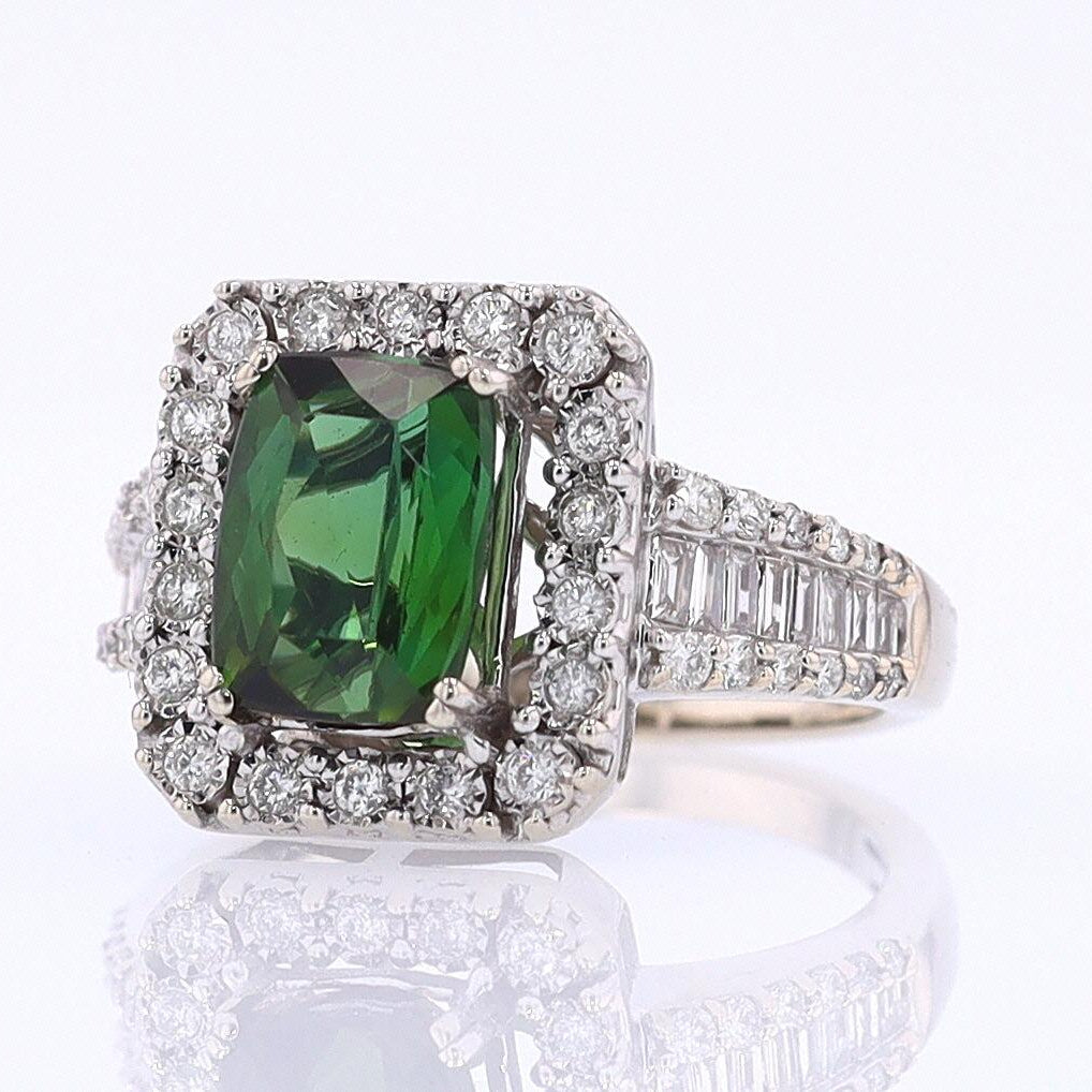 Vintage Green Tourmaline Diamond Halo Gemstone Engagement Ring