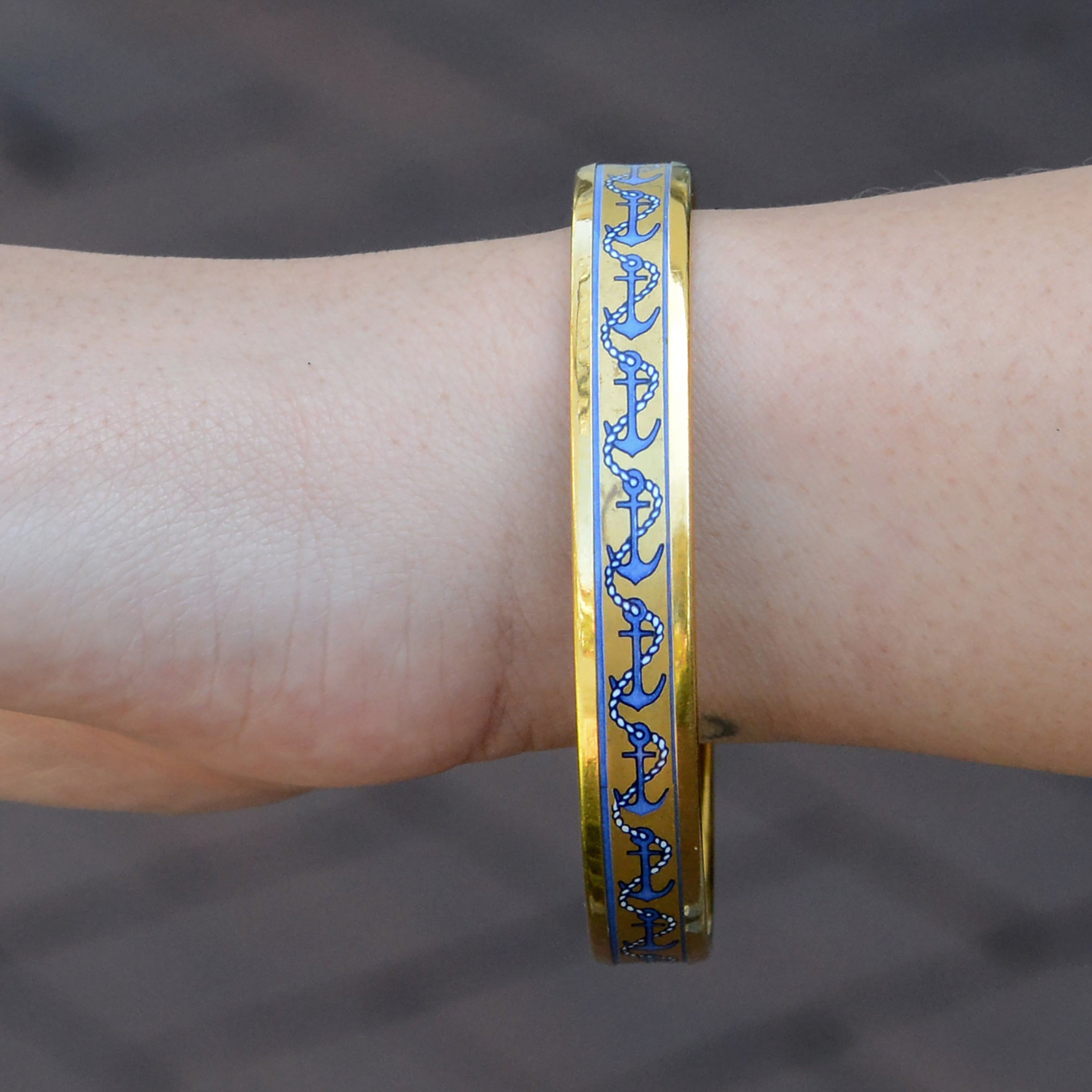 Vintage Hermes Gold Plated Enamel Anchor Bangle Bracelet