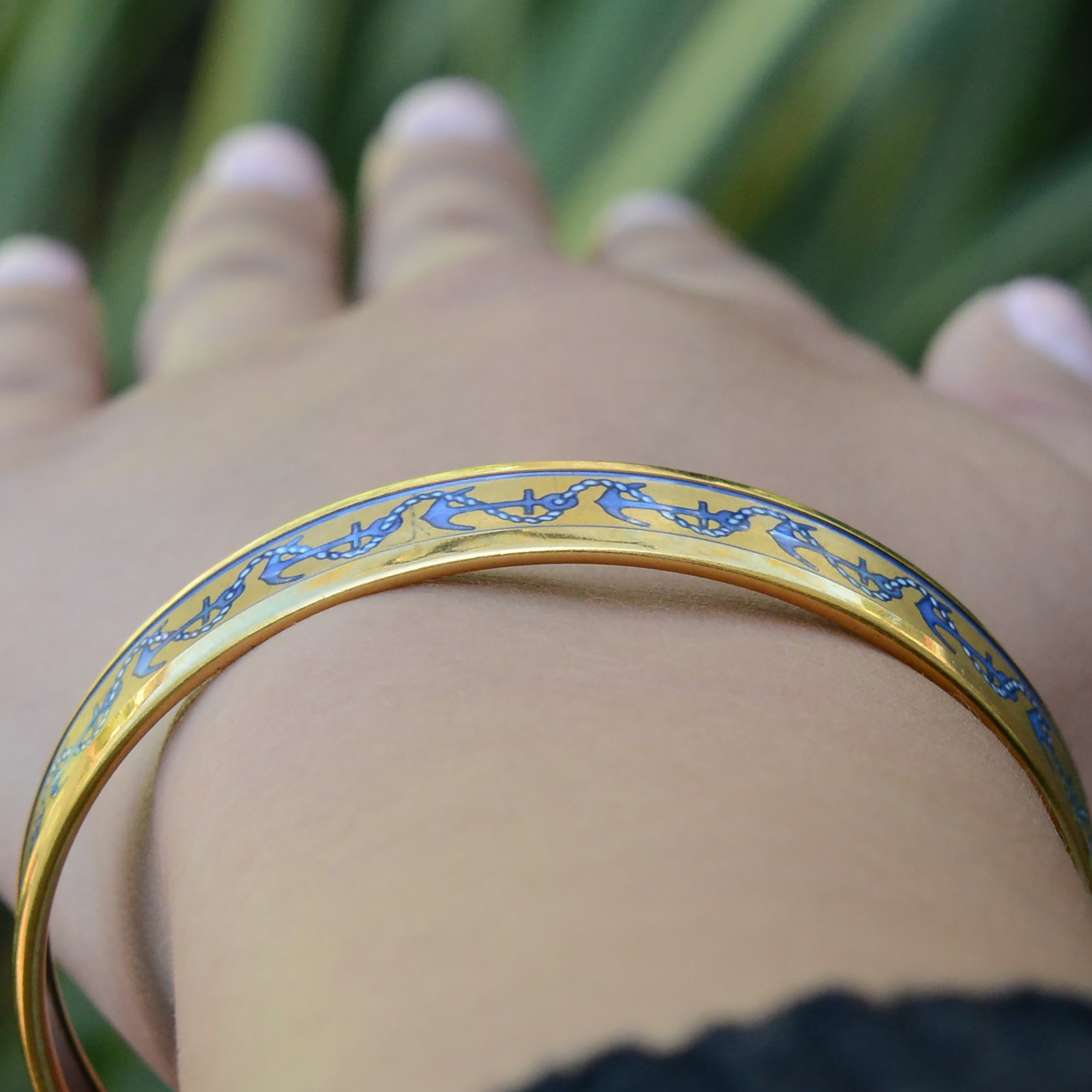 Vintage Hermes Gold Plated Enamel Anchor Bangle Bracelet