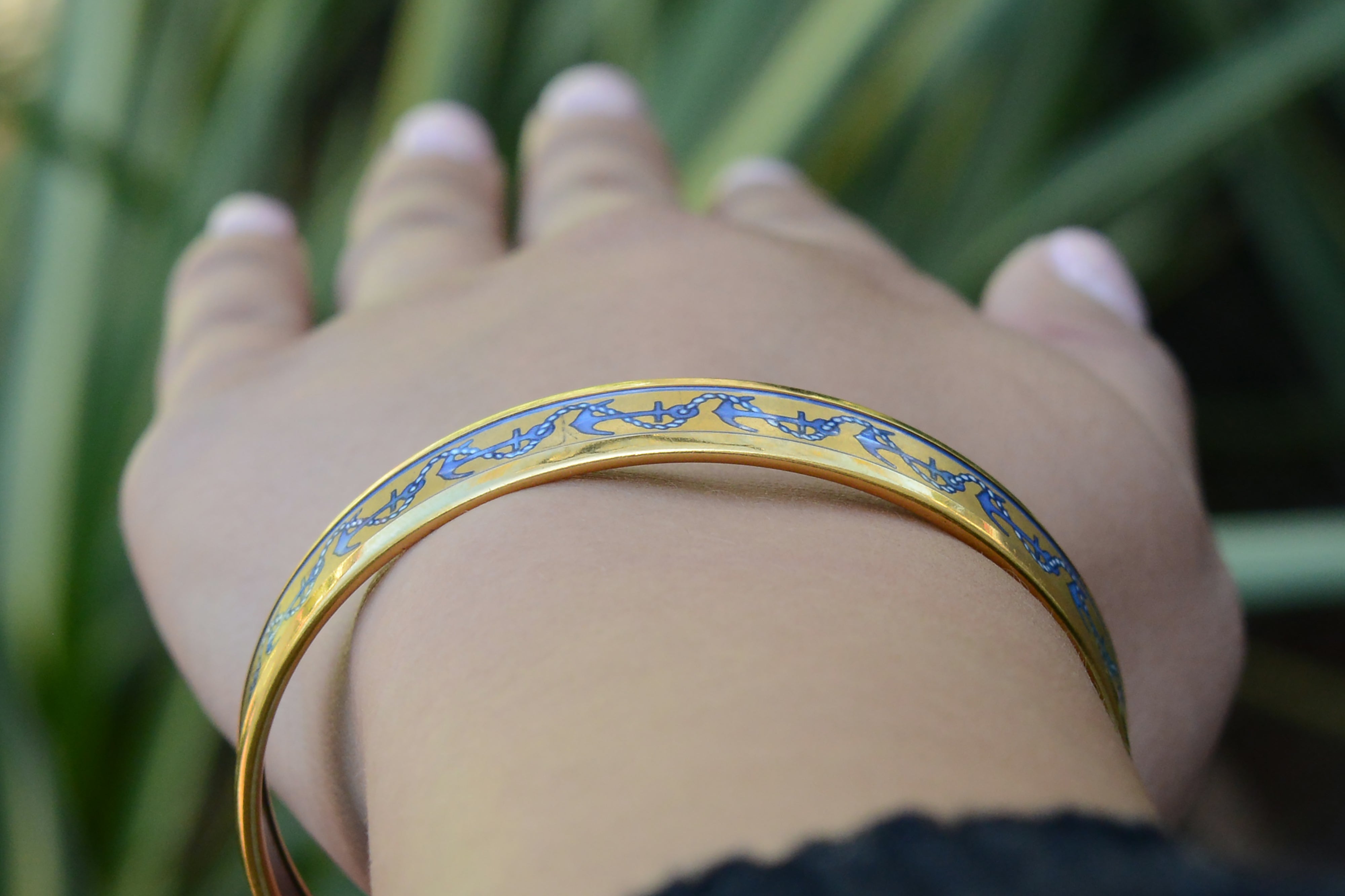 Vintage Hermes Gold Plated Enamel Anchor Bangle Bracelet