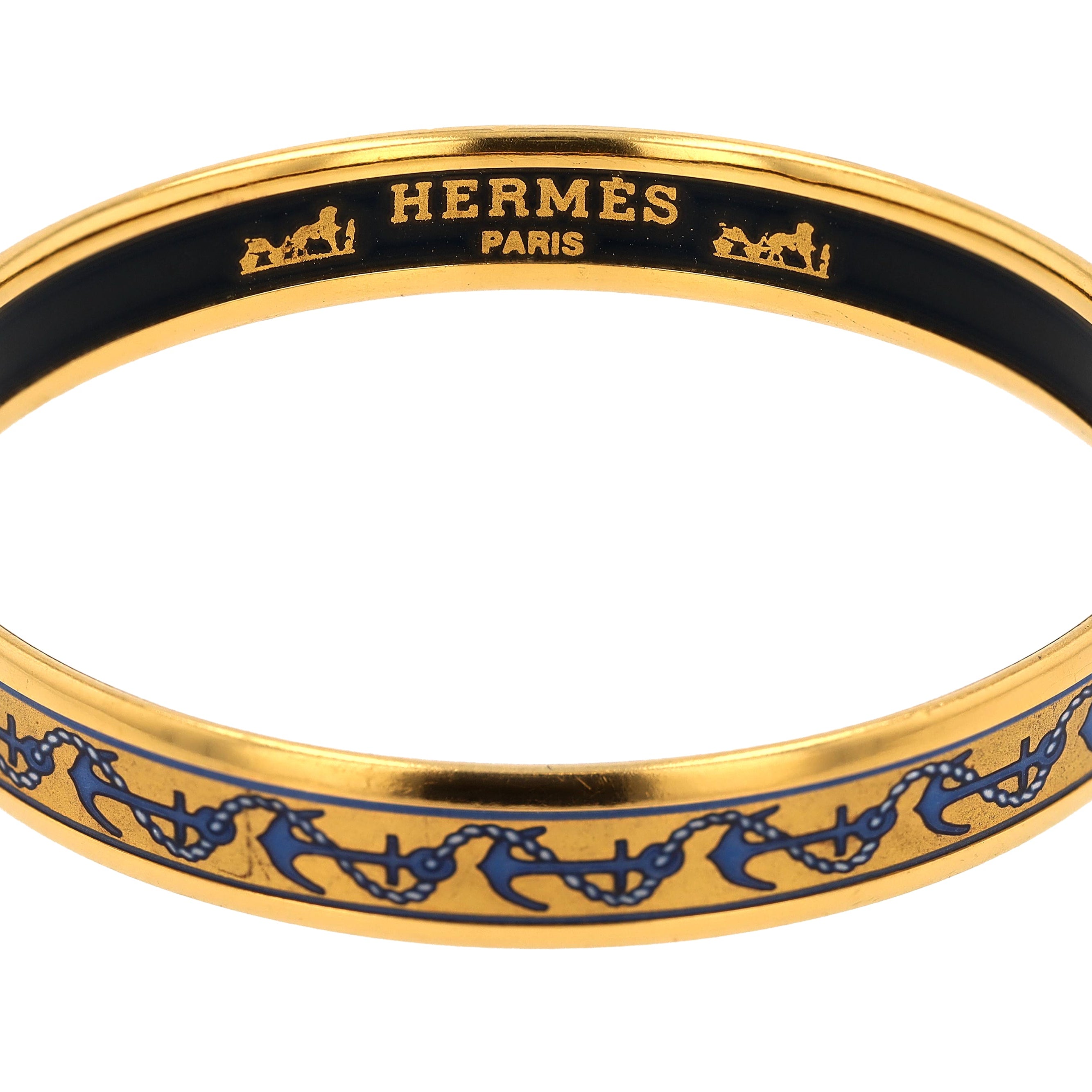 Vintage Hermes Gold Plated Enamel Anchor Bangle Bracelet