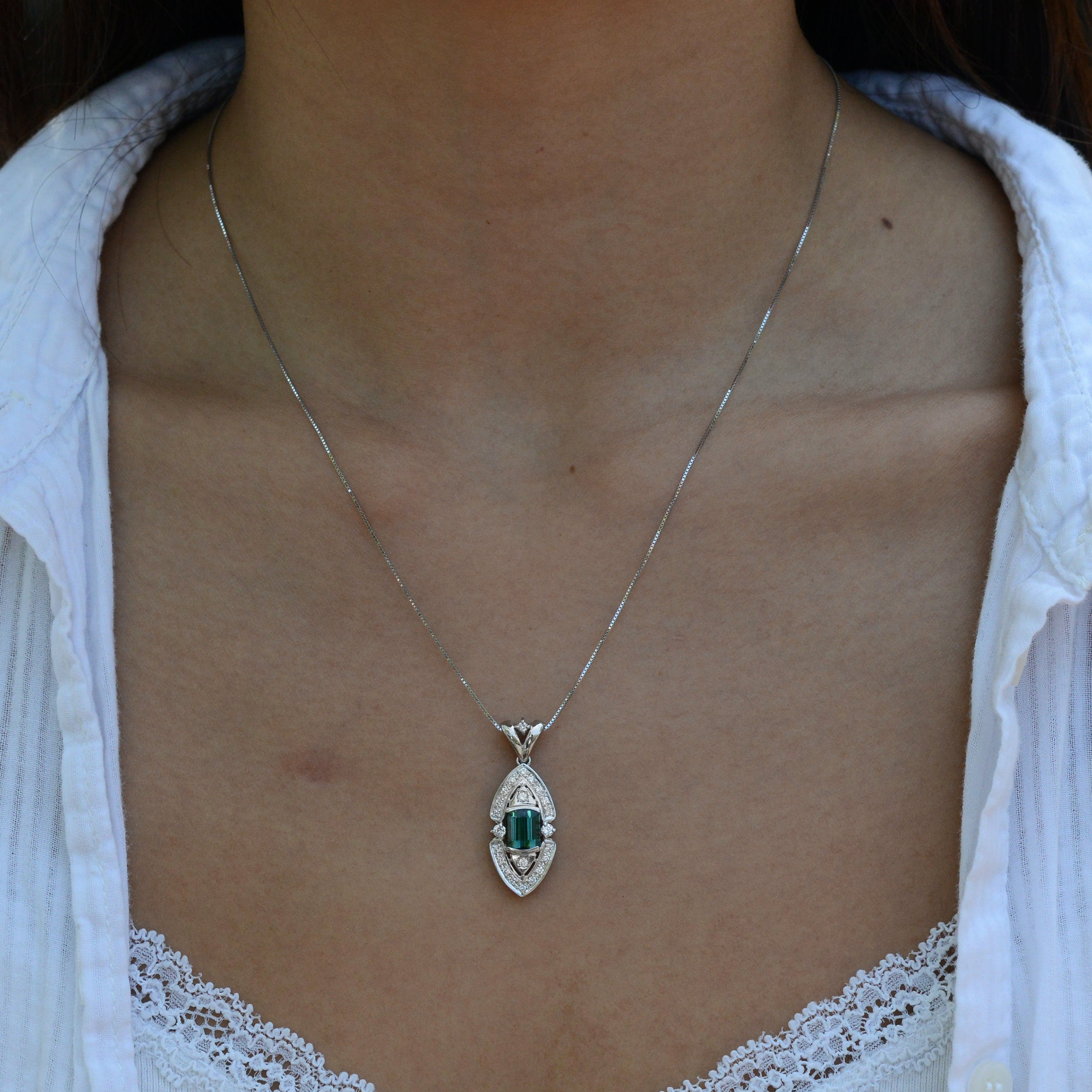 Vintage Indicolite Tourmaline Diamond Pendant Necklace