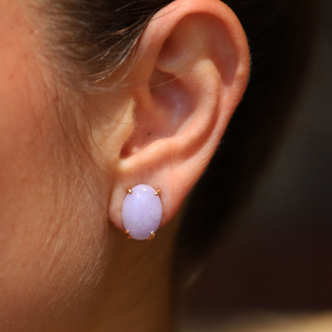 Vintage Lavender Jade & 14k Gold Oval Earrings