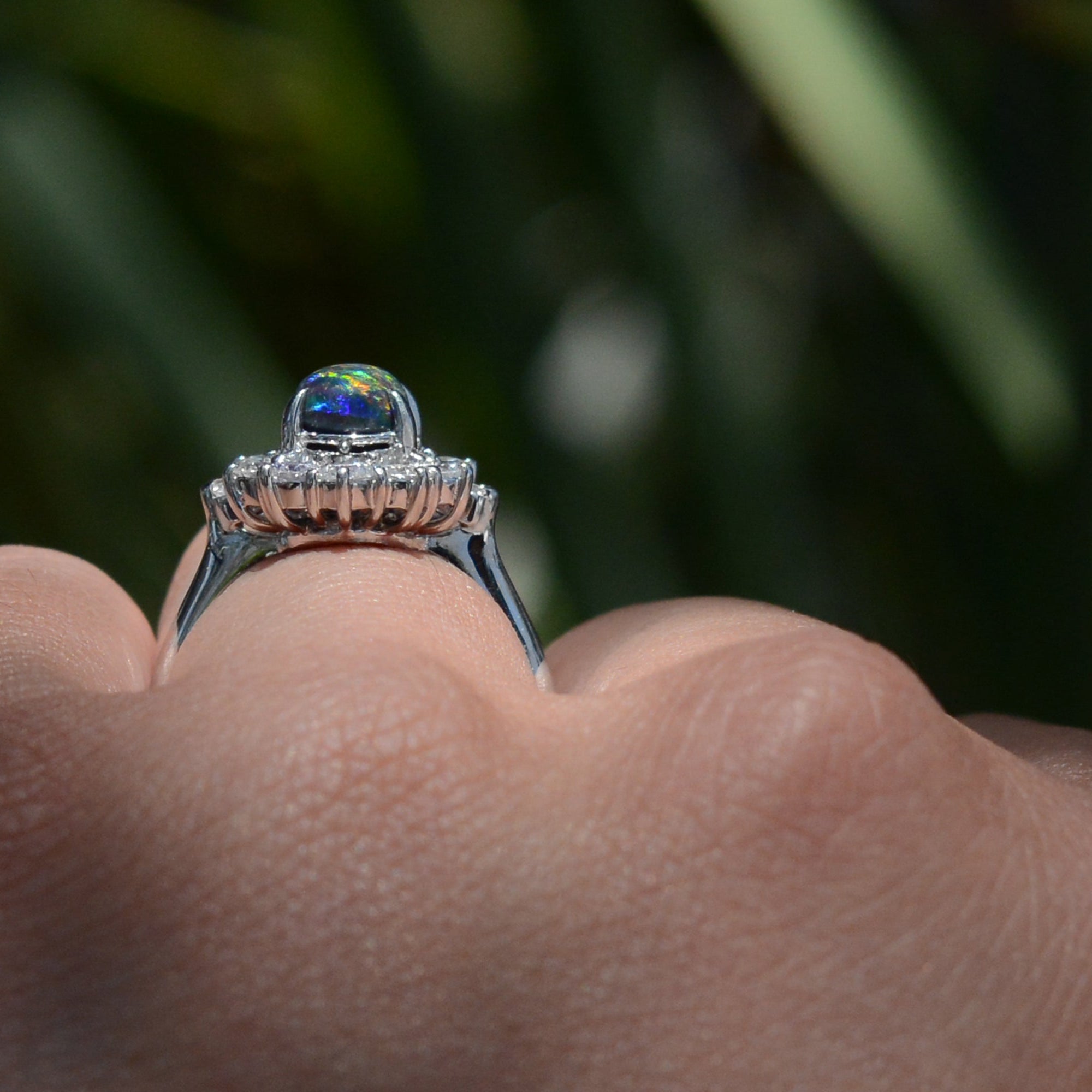 Vintage Mid Century Black Opal and Diamond Ring
