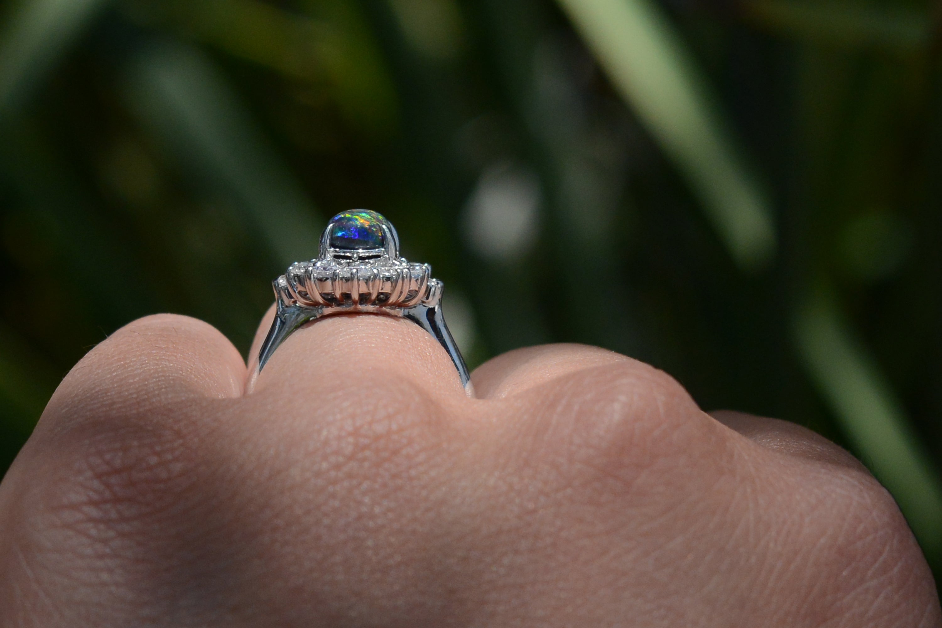 Vintage Mid Century Black Opal and Diamond Ring