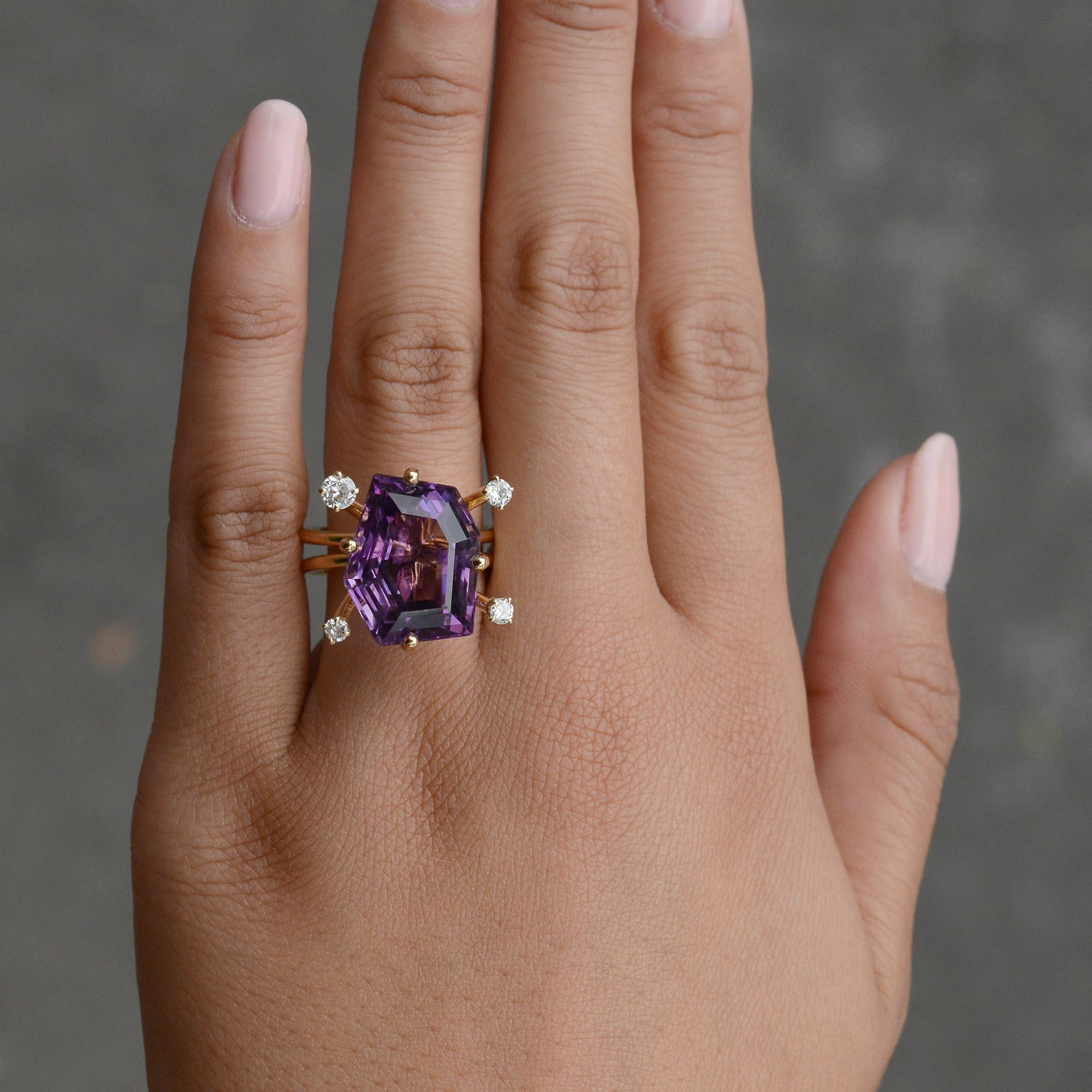 Vintage Modernist Amethyst and Diamond Cocktail Ring
