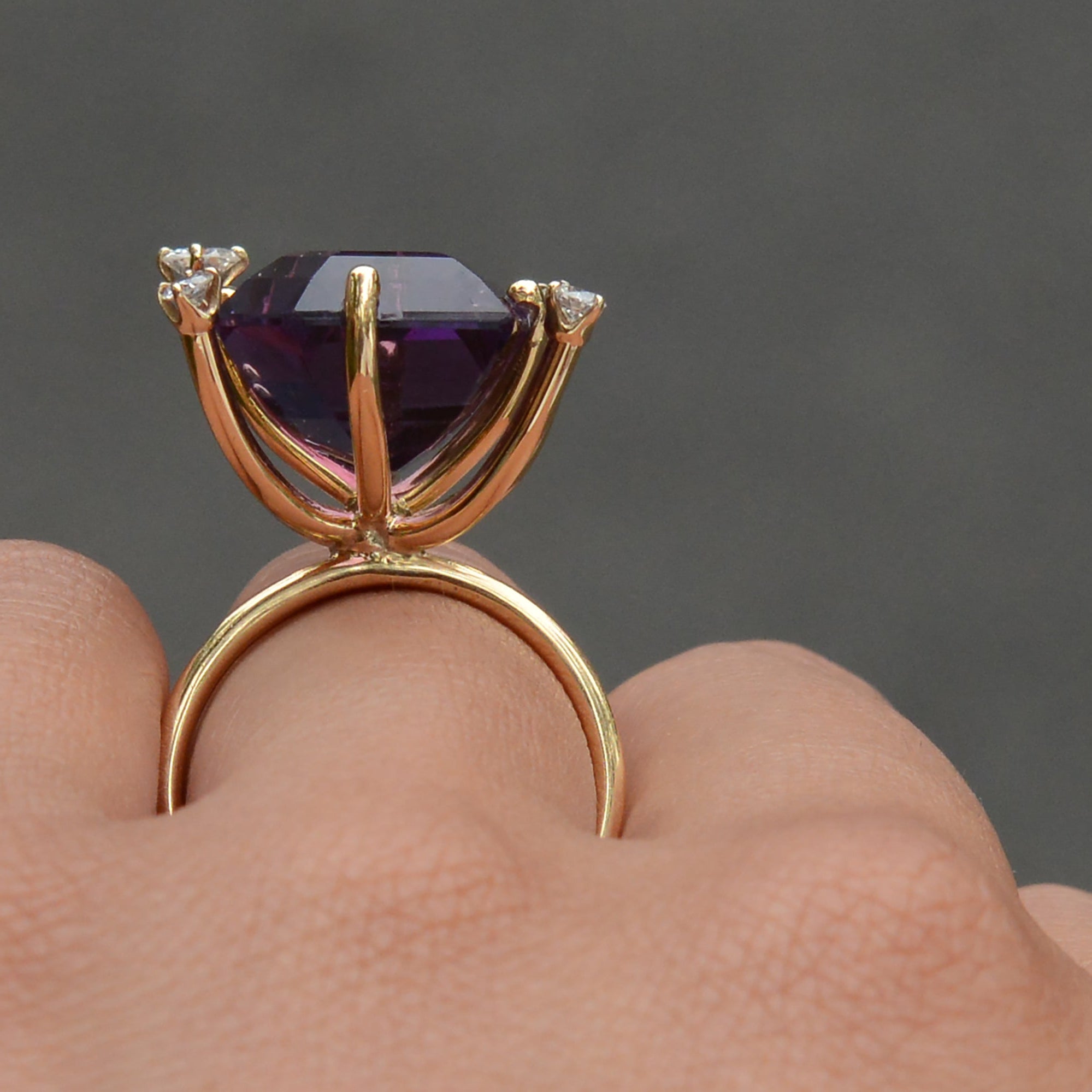 Vintage Modernist Amethyst and Diamond Cocktail Ring
