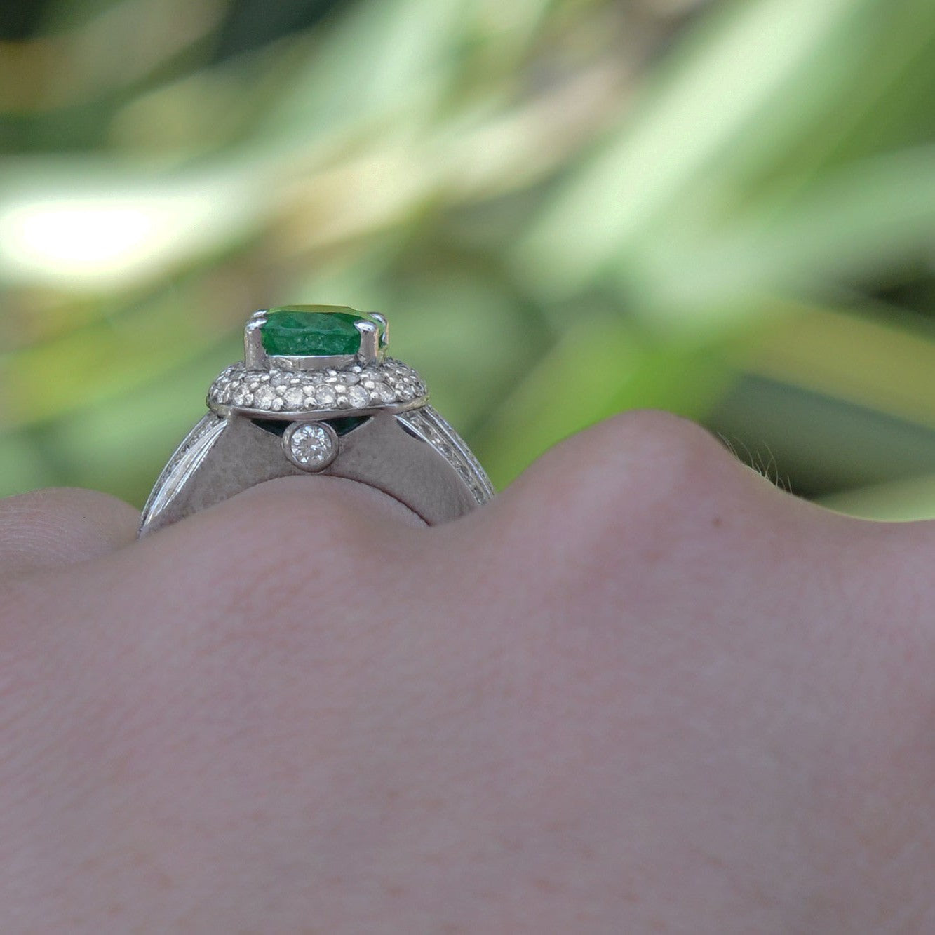Vintage Oval Emerald and Diamond Wide 3 Band Ring