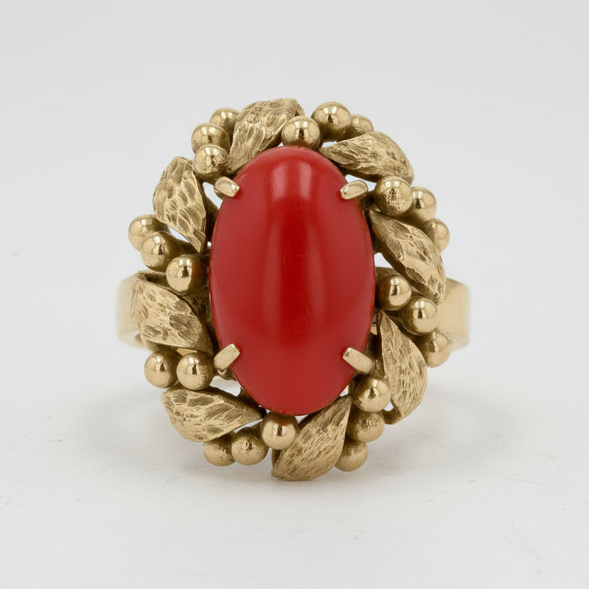Vintage Ox Blood Coral 14k Gold Wreath Ring