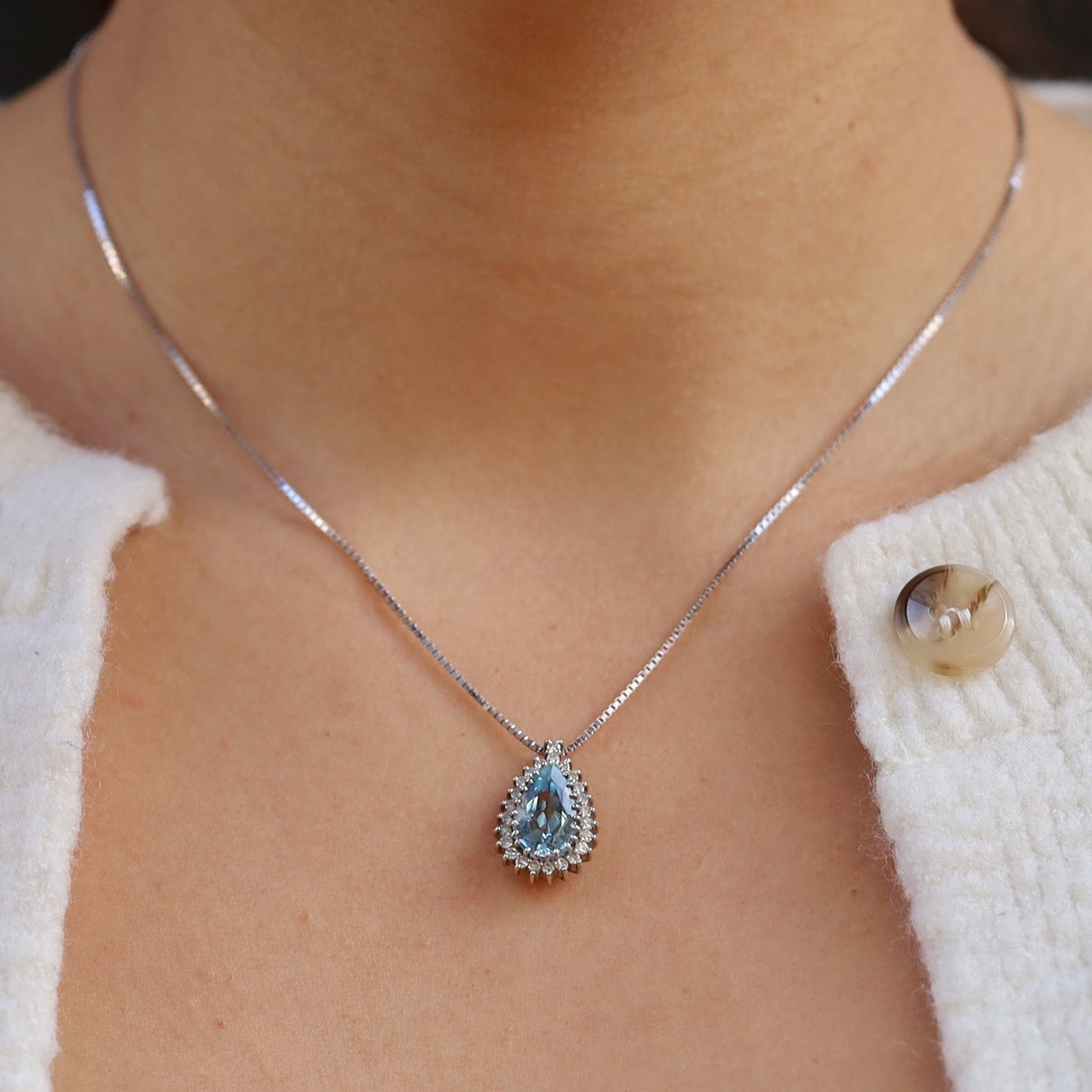 Vintage Pear Shape Aquamarine Diamond Halo Necklace