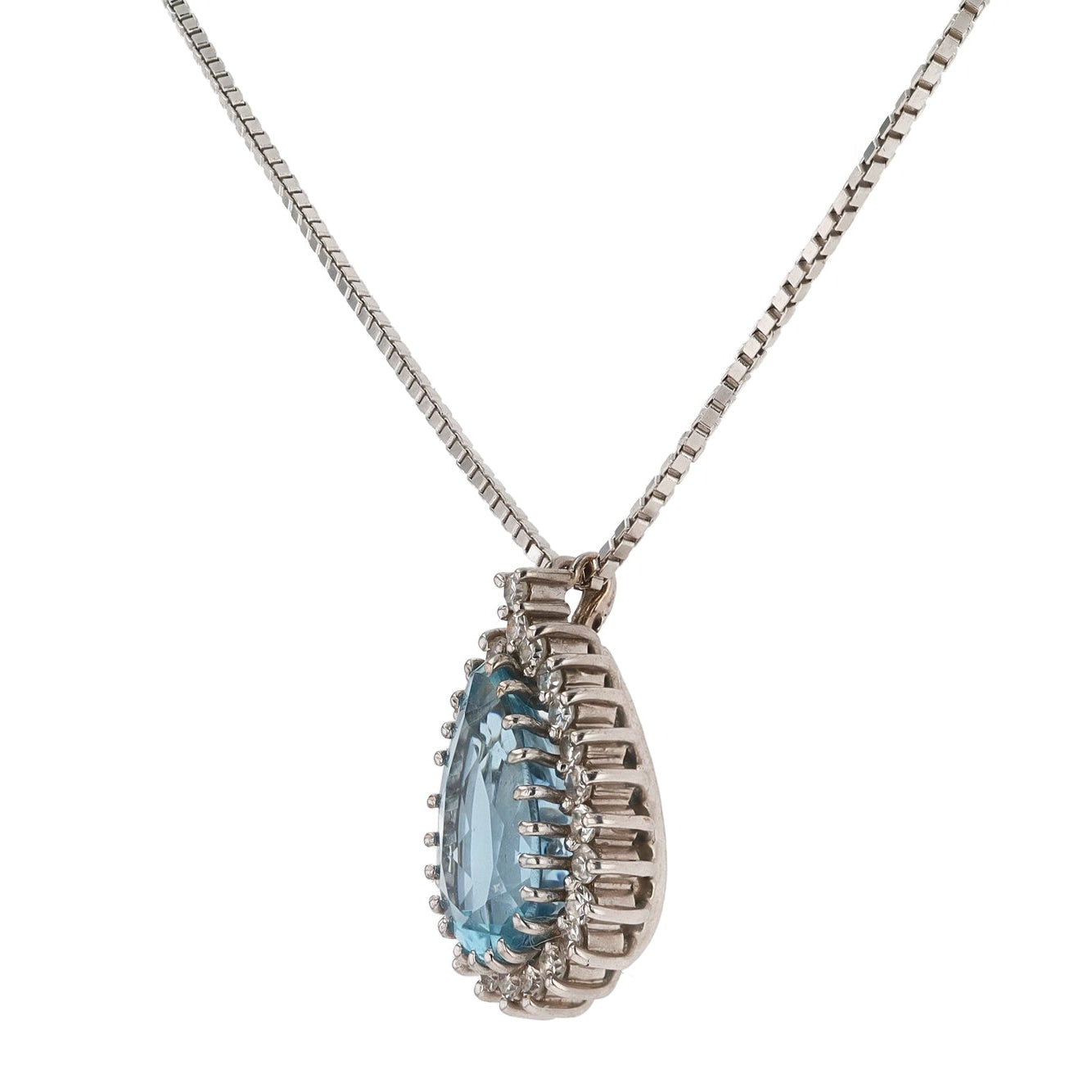 Vintage Pear Shape Aquamarine Diamond Halo Necklace