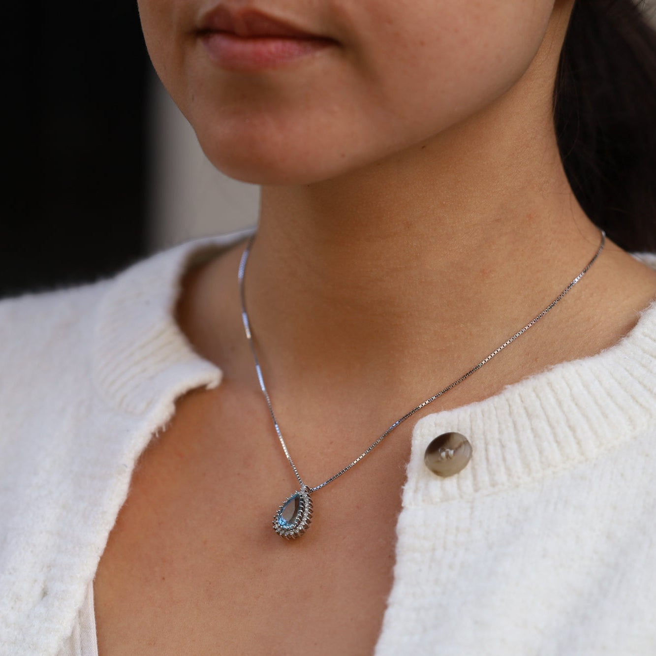 Vintage Pear Shape Aquamarine Diamond Halo Necklace