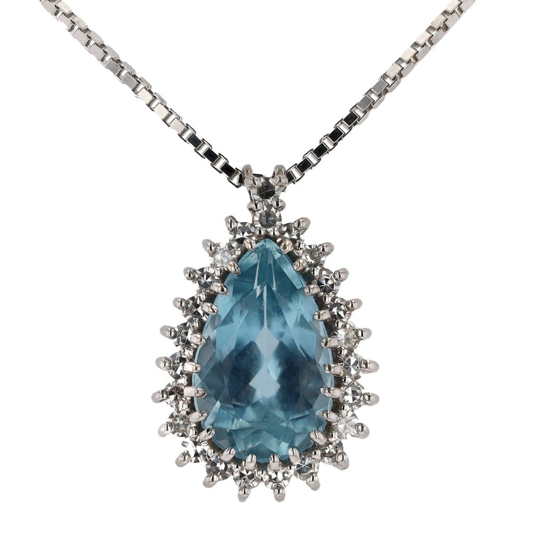 Vintage Pear Shape Aquamarine Diamond Halo Necklace