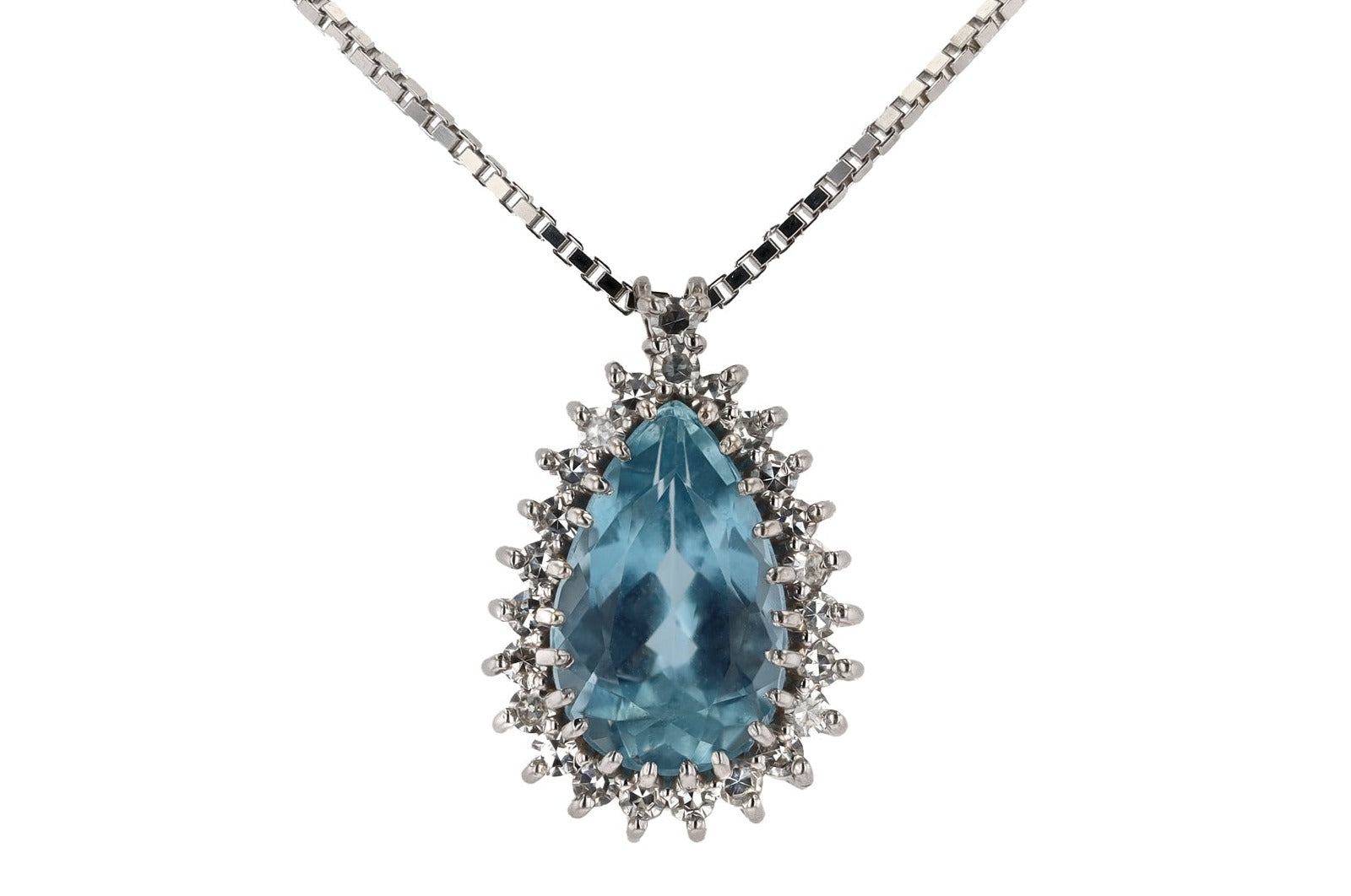Vintage Pear Shape Aquamarine Diamond Halo Necklace