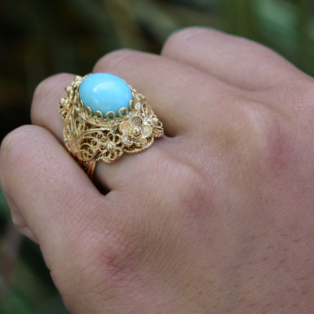 Vintage Persian Turquoise Yellow Gold Cocktail Ring