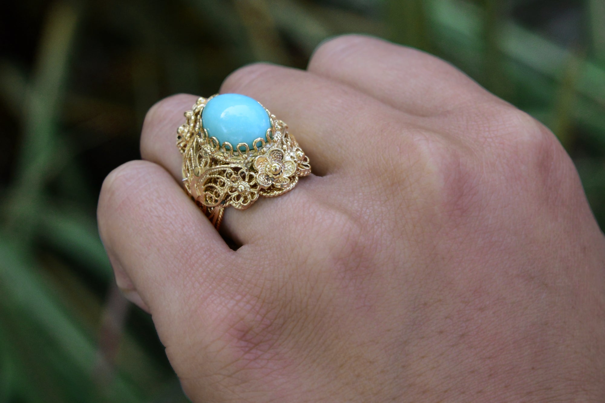 Vintage Persian Turquoise Yellow Gold Cocktail Ring