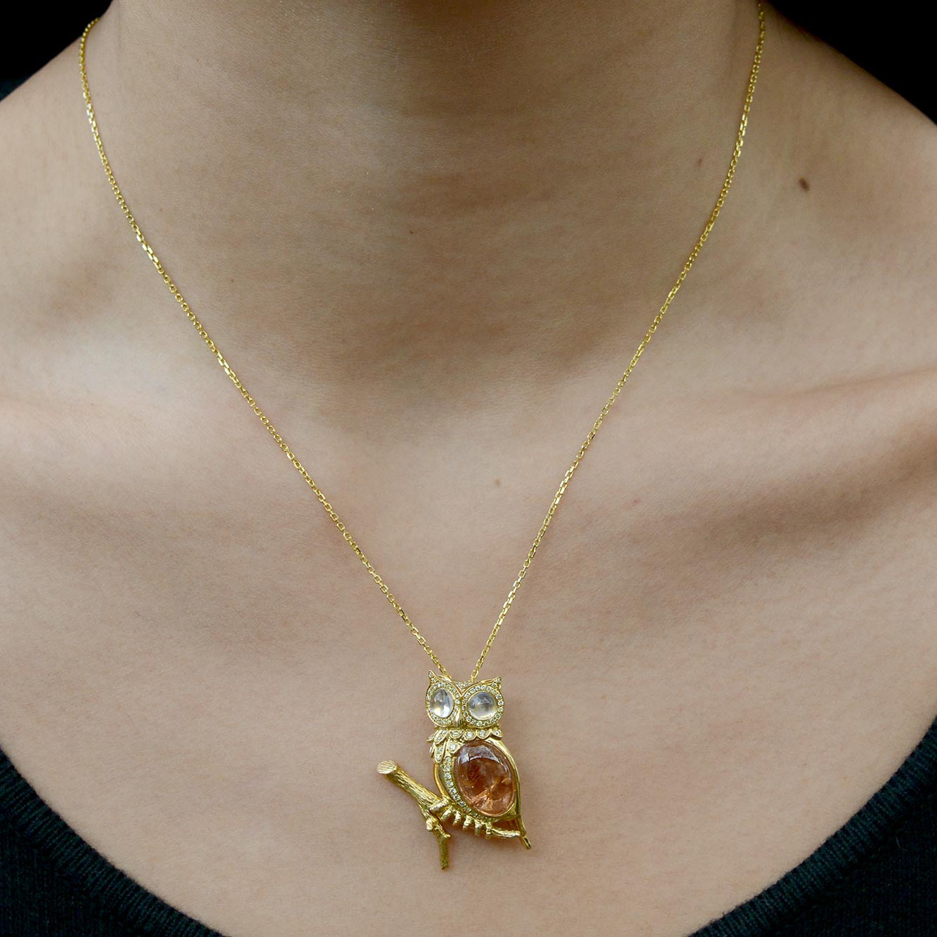 Vintage Tourmaline and Moonstone Owl Necklace